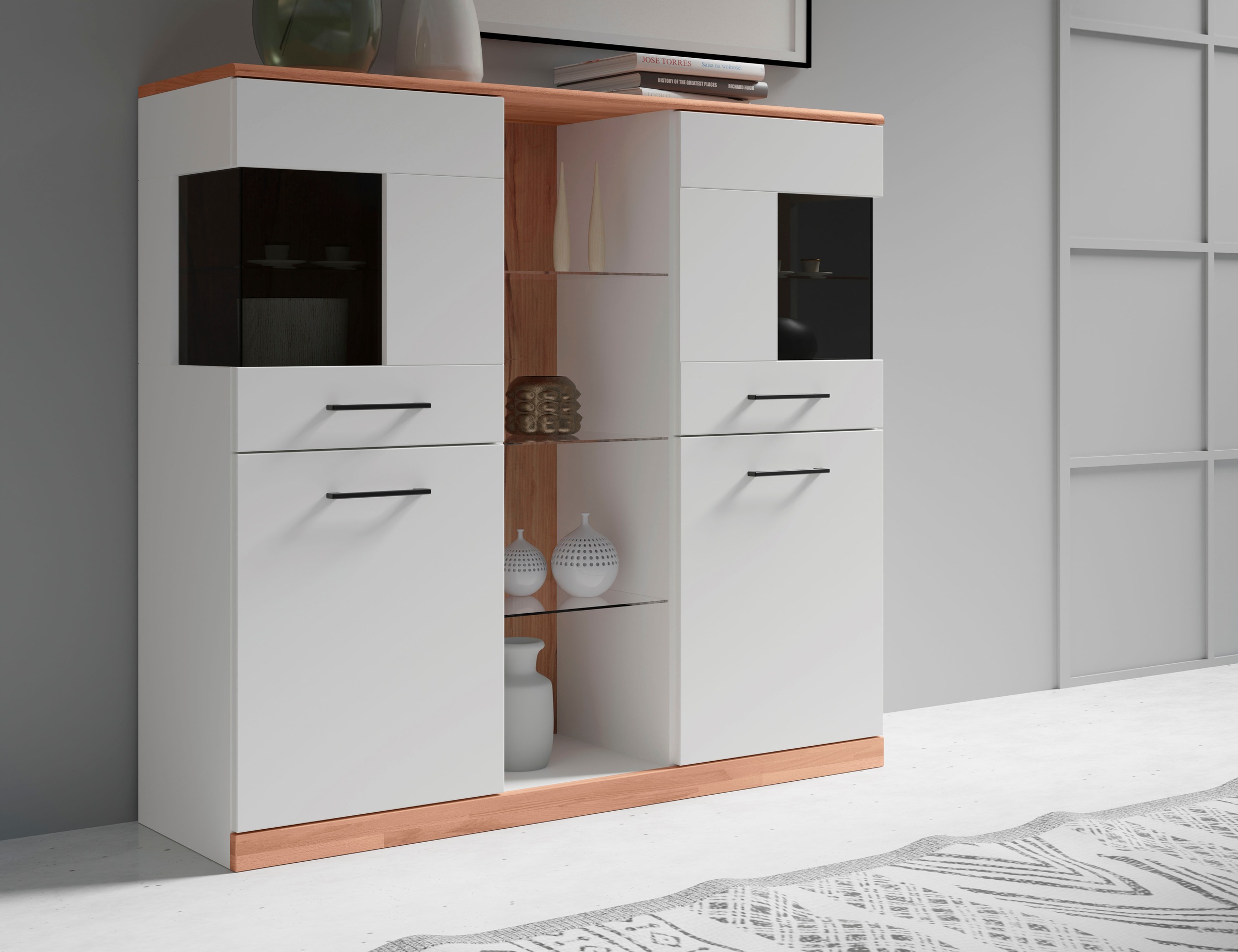 Home affaire Highboard "Ribe,120cm breit,112cm hoch,Oberplatte massiv,12 Fä günstig online kaufen