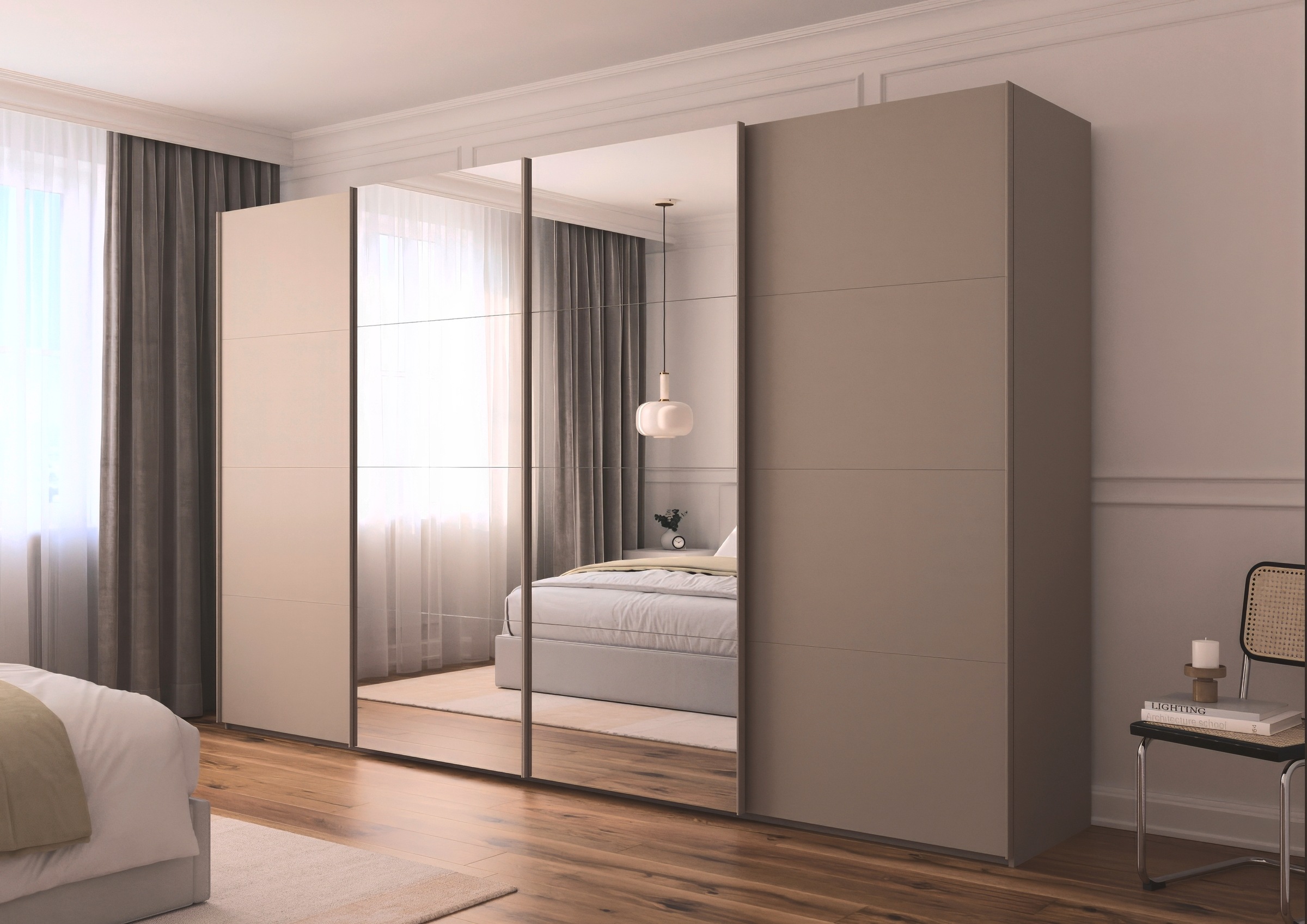rauch Schwebetürenschrank »Kleiderschrank Schrank Garderobe Schlafzimmerschrank SCALE-FYRA«, edle viergeteilte Türen mit Spiegel und vielen Farben MADE IN GERMANY
