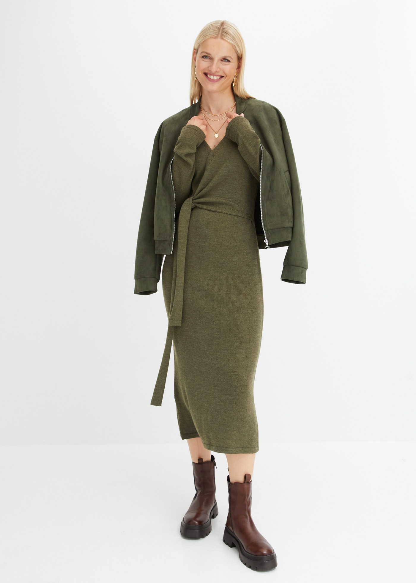 bonprix Strickkleid "Midi-Strickkleid" mit modernem Wickel-Design, aus Poly günstig online kaufen