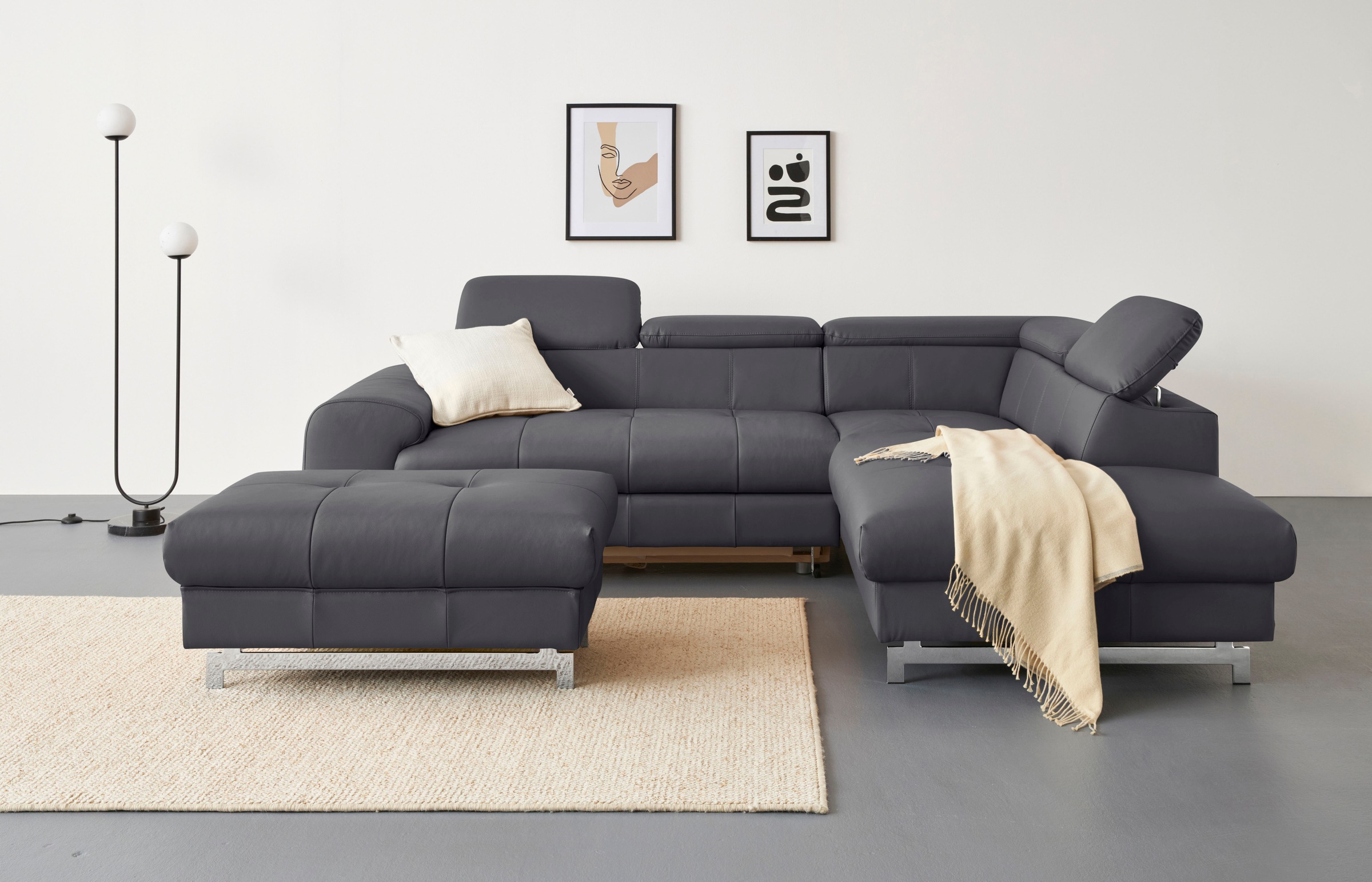 COTTA Ecksofa "Chef L-Form, B: 257cm, Leder, inkl. Kopfteilverstellung" optionale Schlaffunktion, moderne Metallkufen H 12cm, Wellenfederung