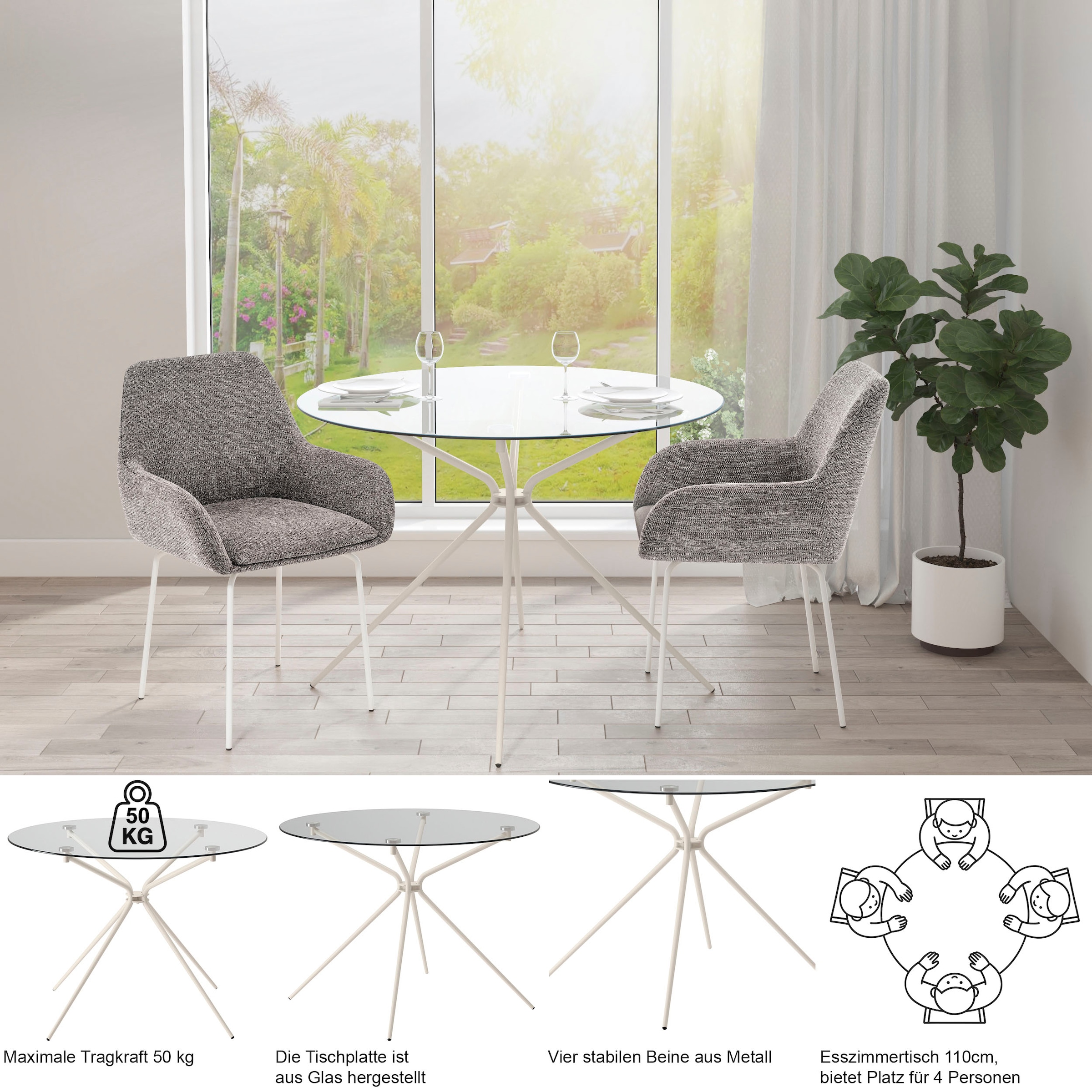 OTTO home Glastisch »Silvi« Esstisch, Glastisch, Küchentisch,  rund, Ø 110 cm, schwarzes Metallgestell