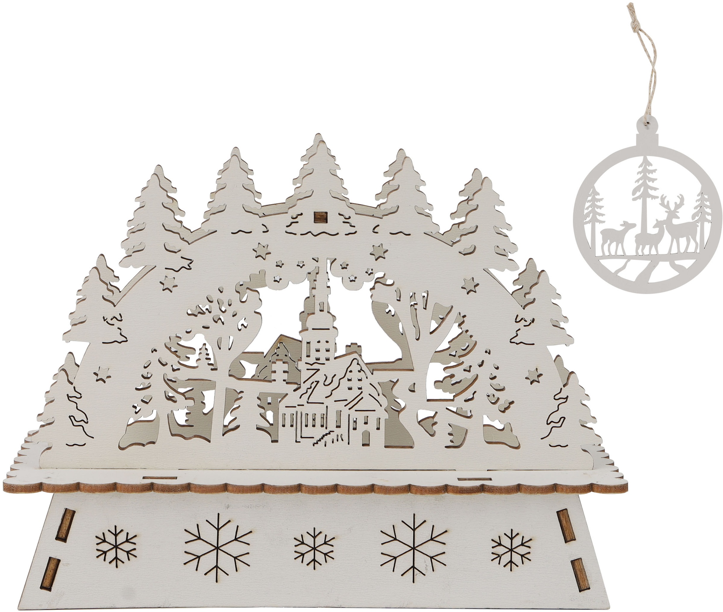 OTTO home LED Schwibbogen »Weihnachtsdeko mit LED-Licht« 1 Dorfkirche mit verschneitem Tannenwald, Batterien, Höhe 11,2 cm