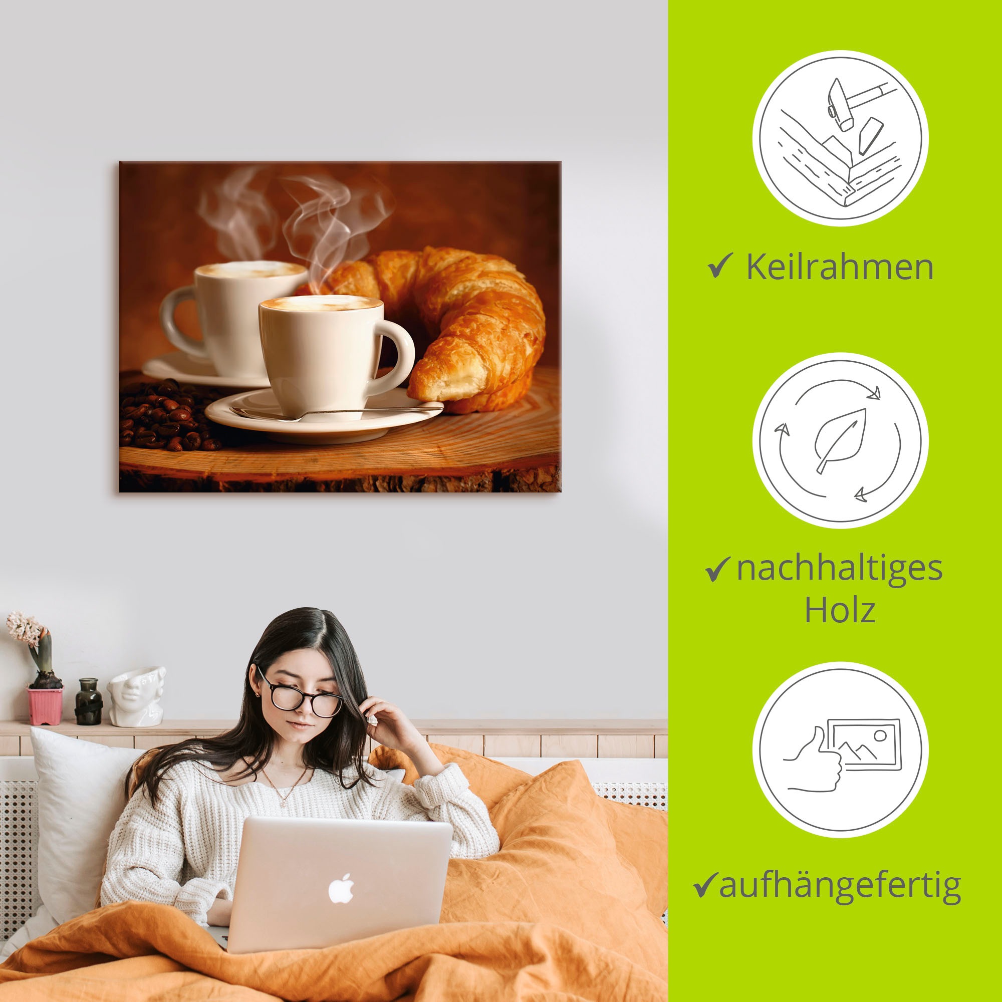 Artland Wandbild »Dampfender Cappuccino und Croissant«, Getränke, (1 St.), als Leinwandbild, Poster, Wandaufkleber in verschied. Größen