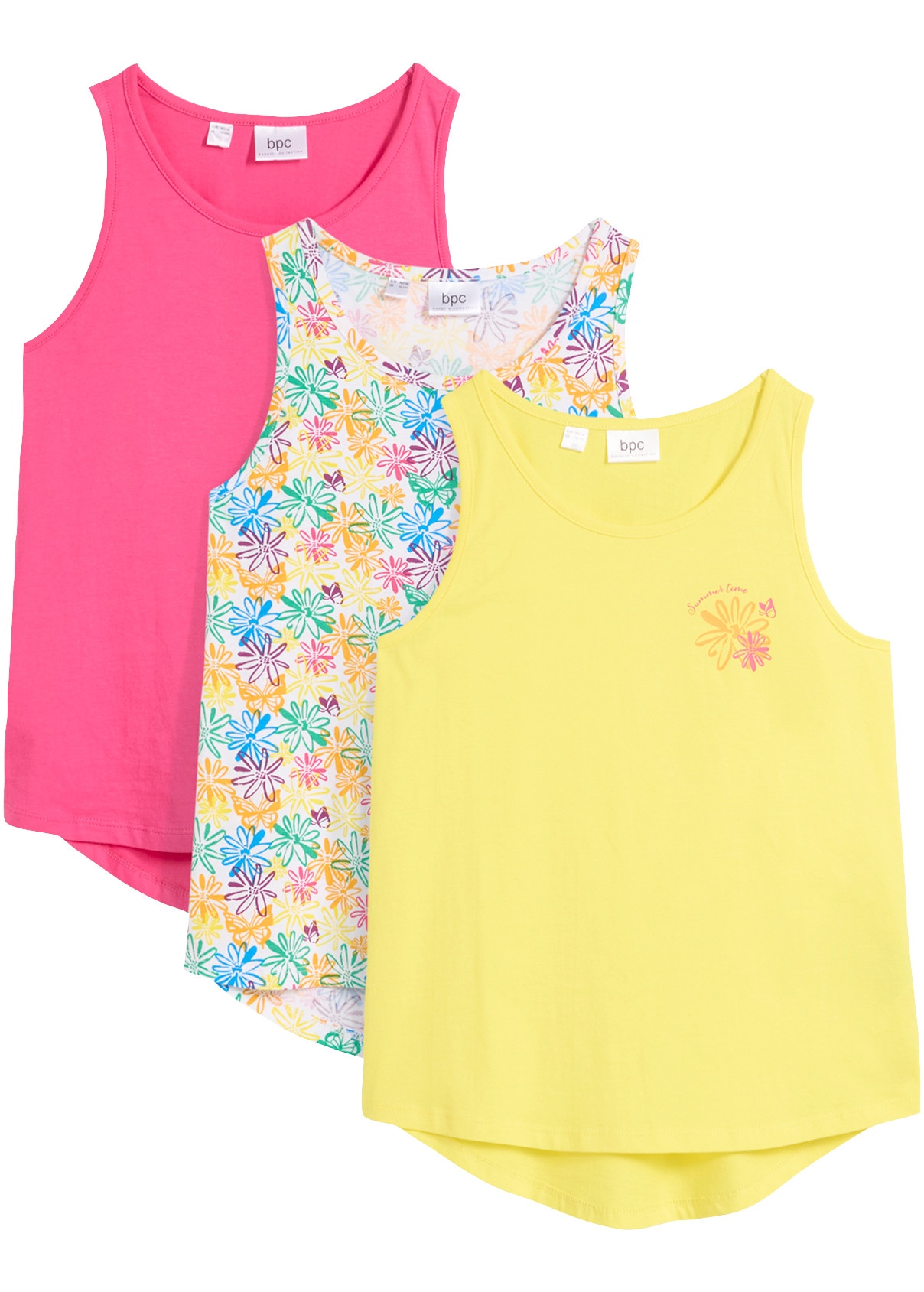 bonprix Shirttop Packung, 3er, Packung mit 3 Shirttops, ärmellos, lockere Passform, aus Baumwolle