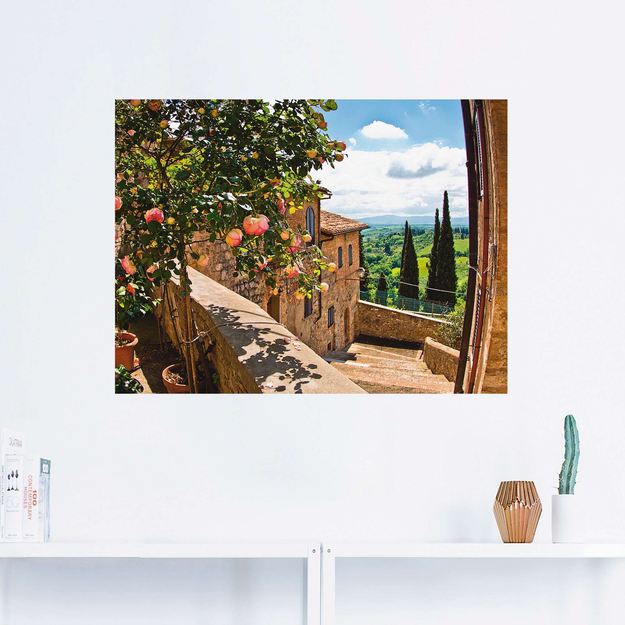 Artland Wandbild "Rosen auf Balkon Toskanalandschaft", Garten, (1 St.), als günstig online kaufen