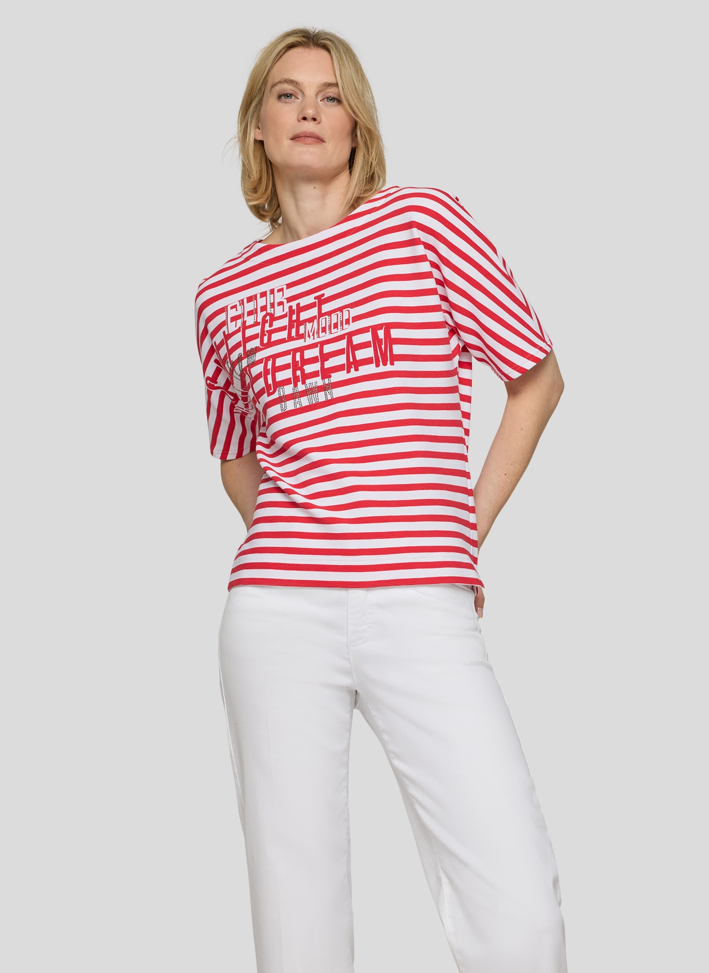 Rabe Rundhalsshirt im Streifen-Look und mit Glitzer-Druck