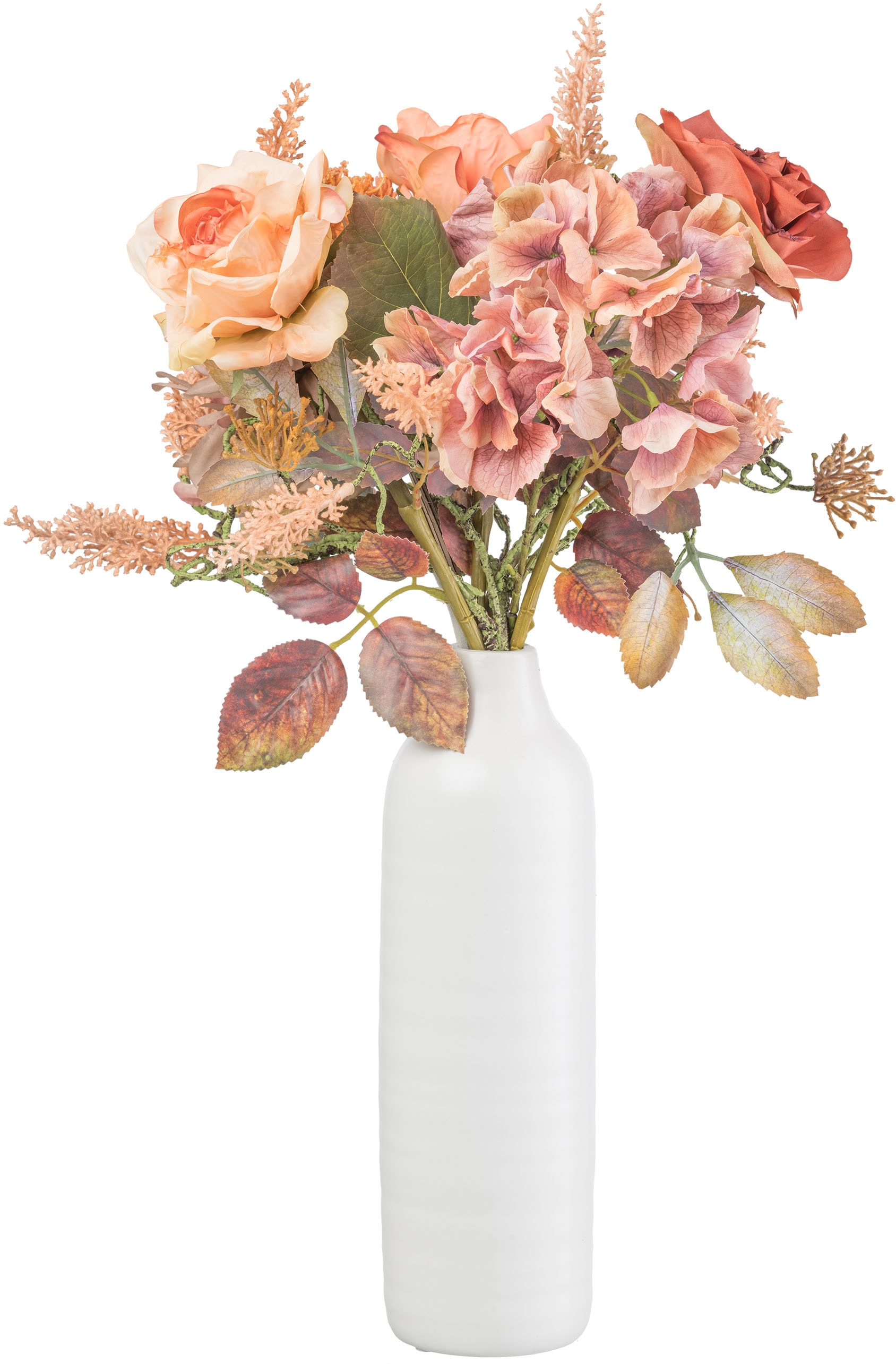 Creativ green Kunstblumenstrauß "Blumenstrauß in Packpapier mit Vase" mit Textilpflanzen in trendiger Trockenblumen-Optik