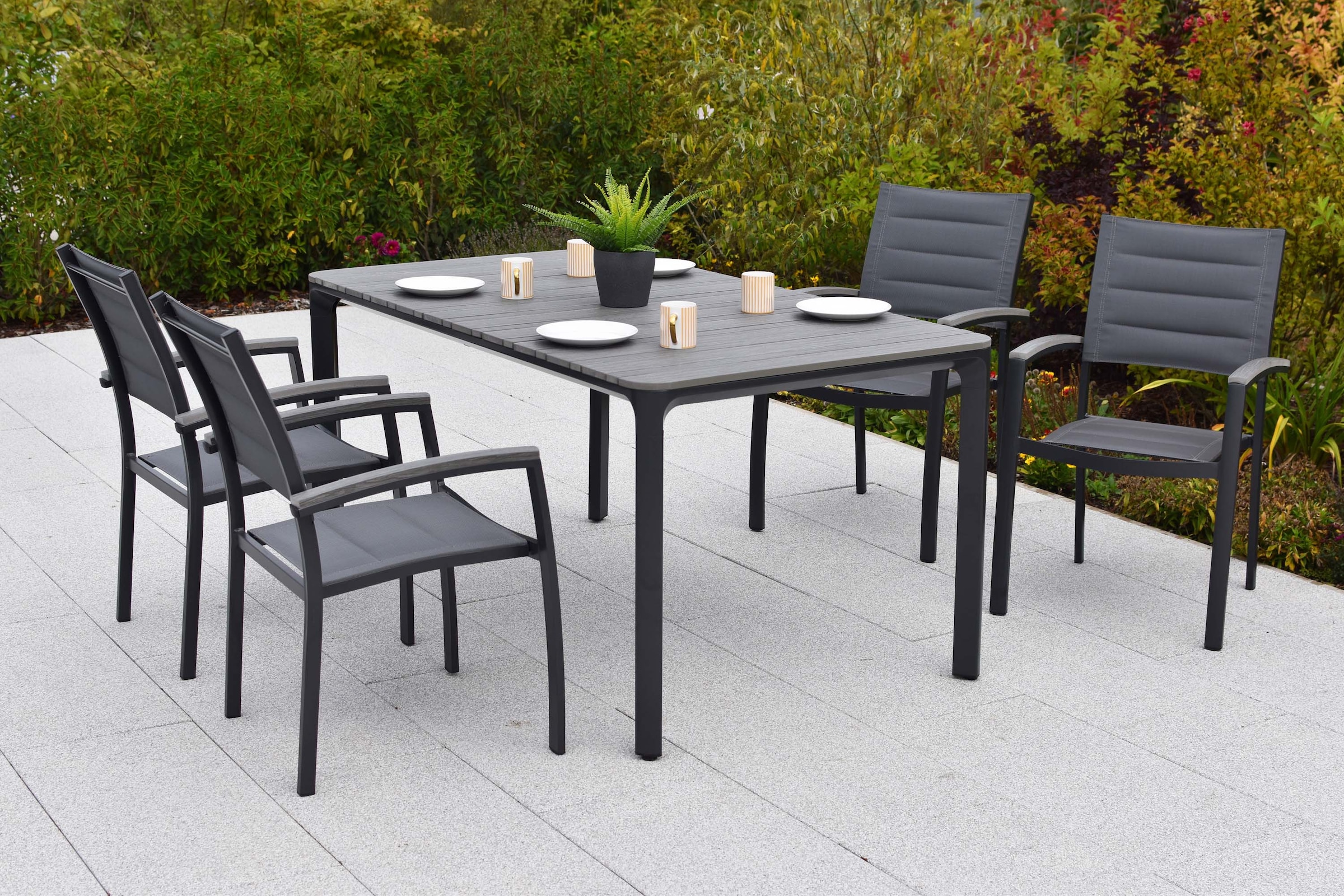 MERXX Garten-Essgruppe »Pisa« Set, 5 tlg. inkl. 4 Stapelsessel, 1 Tisch