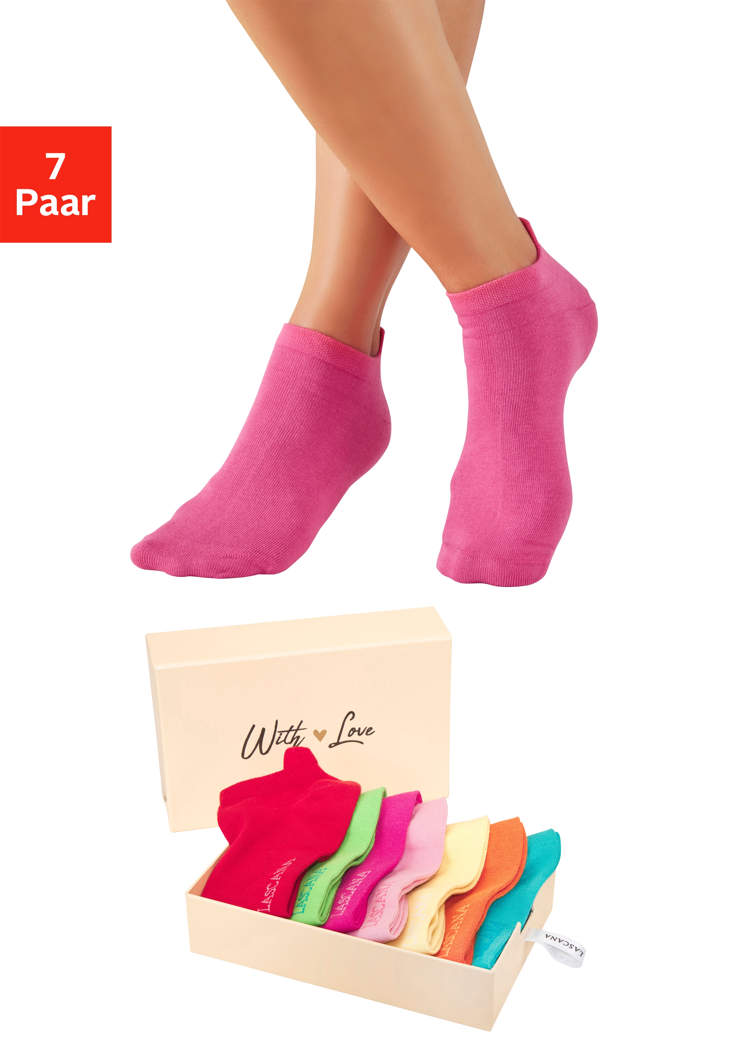 LASCANA Sneakersocken "für Damen mit eingestricktem Markenlogo" Box, Box, 7 Paar tlg. in ansprechender Geschenkbox