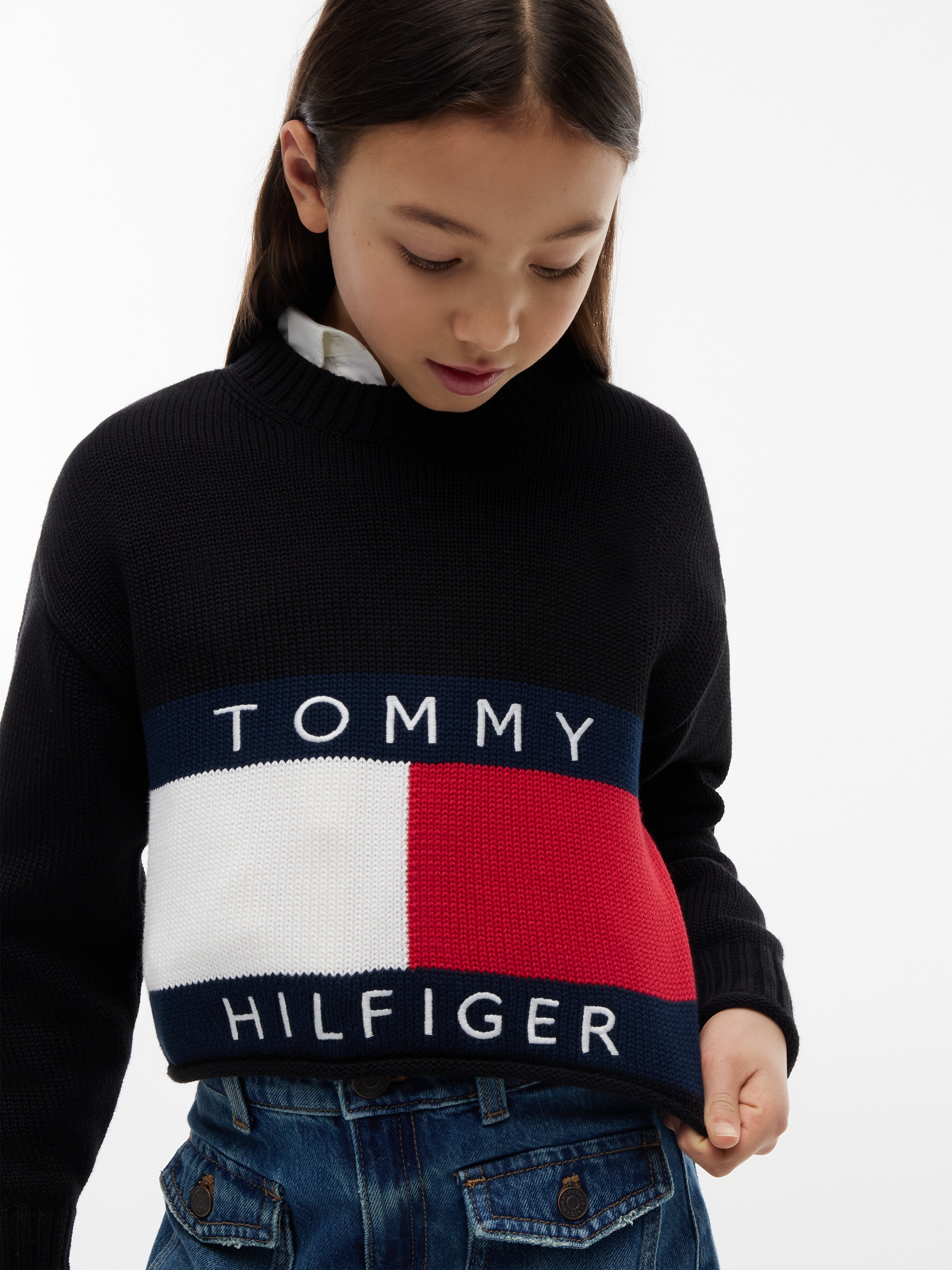 Tommy Hilfiger Strickpullover Rundhalsausschnitt, Rollkante am Saum, Kinder bis 16 Jahre