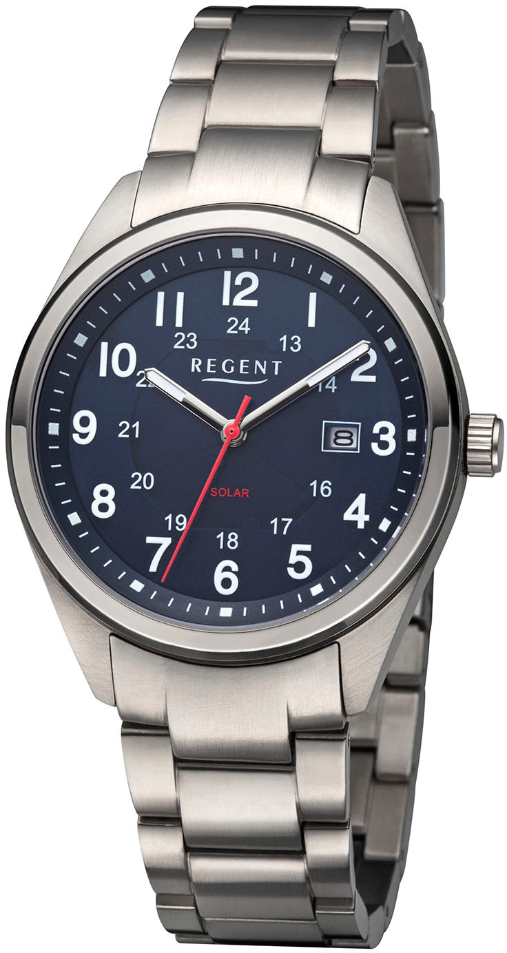 Regent Solaruhr Armbanduhr, Herrenuhr, Datum, bis 10 bar wasserdicht, Titanarmband