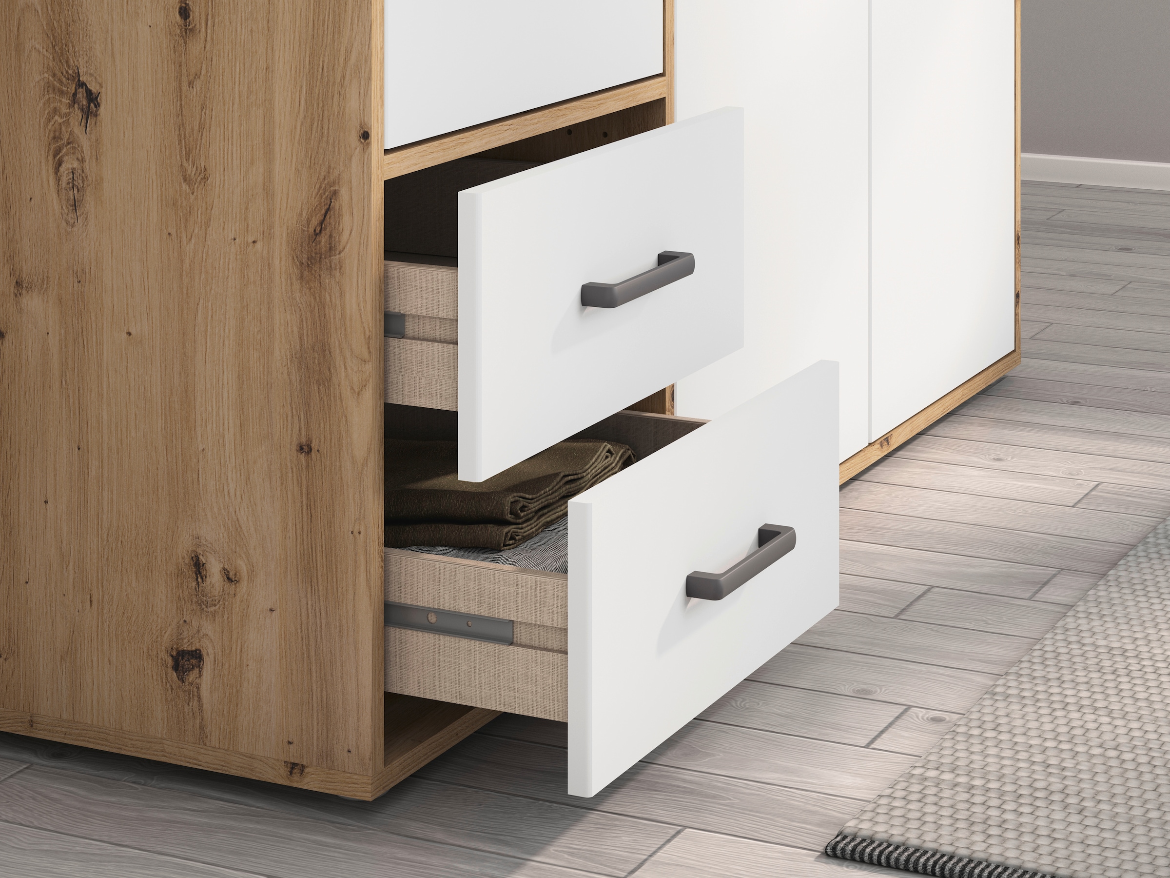 rauch Drehtürenschrank »Kleiderschrank Schrank Garderobe Wäscheschrank VOYAGER«, (in 3 verschiedenen Ausstattungen BASIC/CLASSIC/PREMIUM), mit modernen Griffen in Graumetallic, inkl. Schubkästen und Spiegel