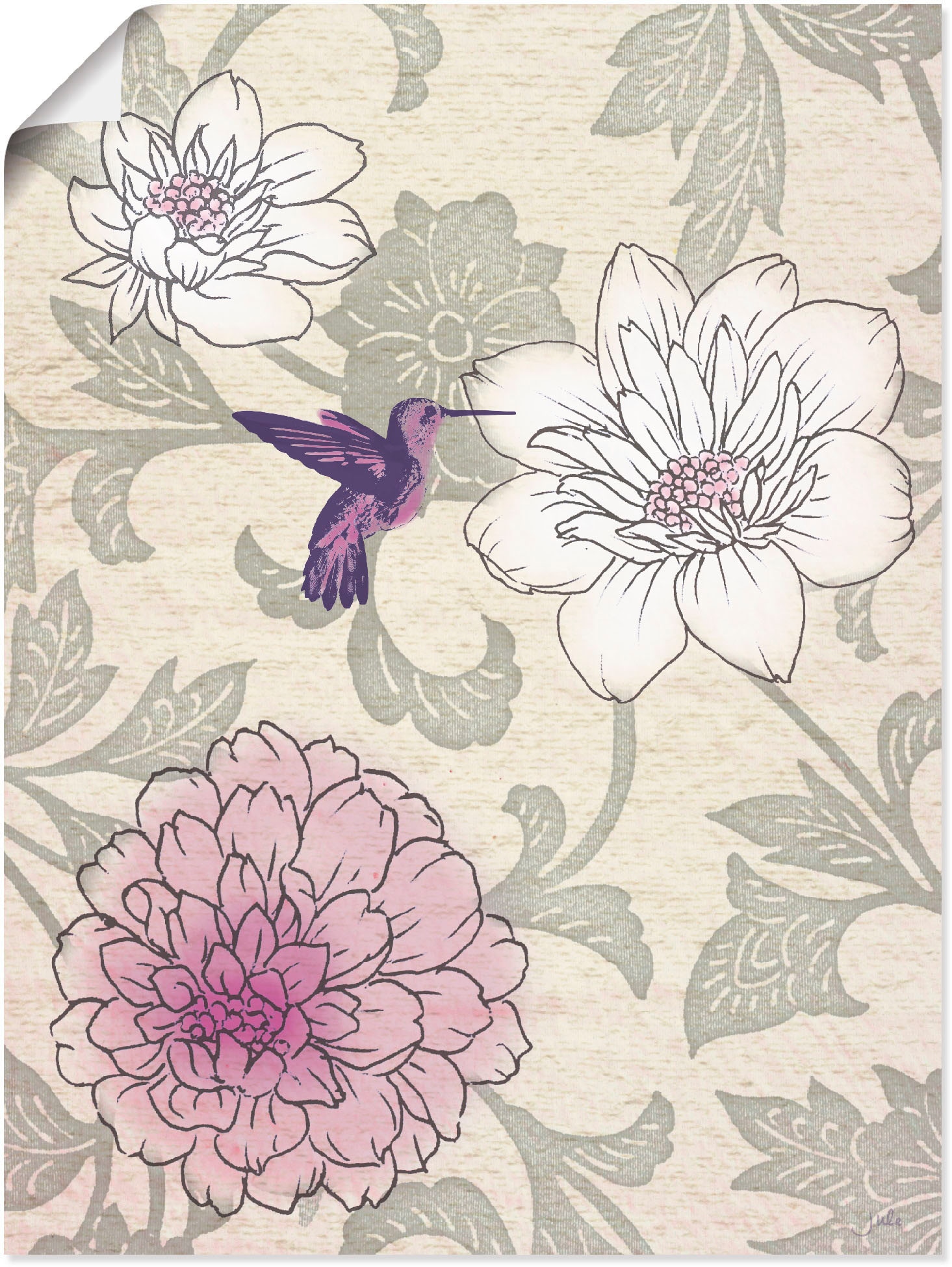 Artland Wandbild »Blumenmuster mit Kolibri«, Blumen, (1 St.), als Poster, Wandaufkleber in verschied. Größen