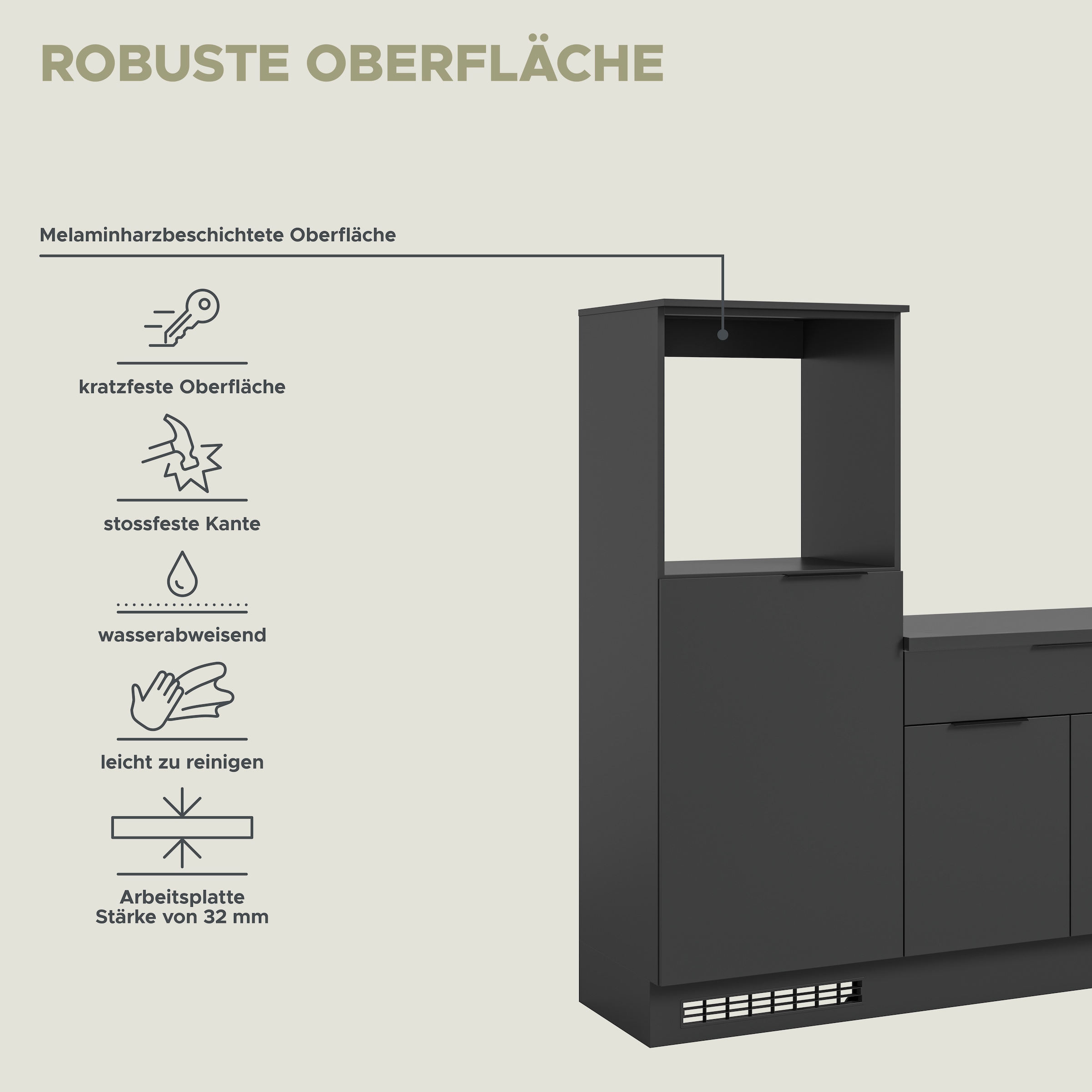 KOCHSTATION Küchenzeile »KS-Lulea«, Breite 260 cm, ohne E-Geräte, mit 3 cm starker Arbeitsplatte