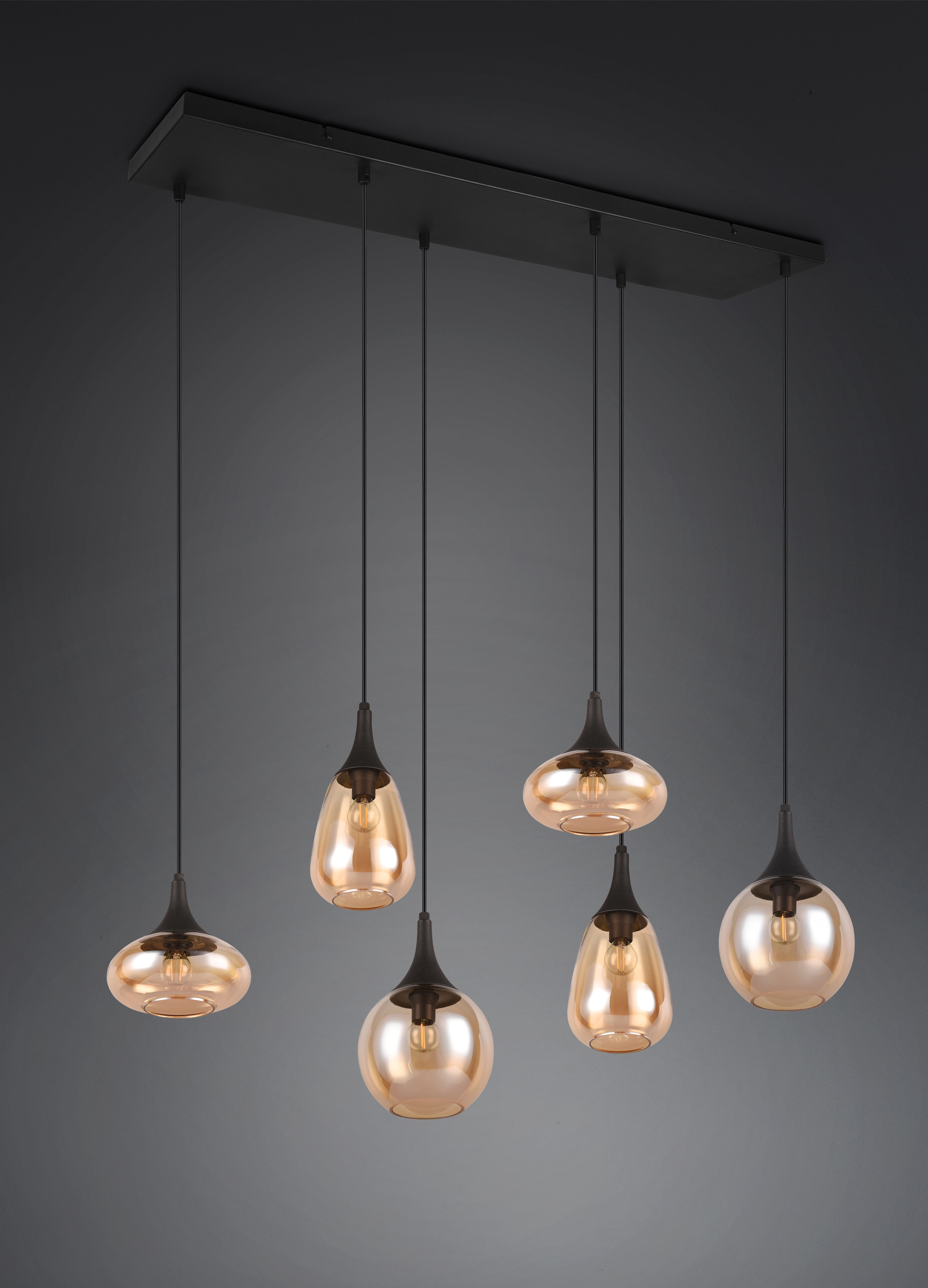 TRIO Leuchten Pendelleuchte »LUMINA, E14 Hängelampe 6-flammig Glasschirme in 3 Formen amberfarbig«, 6 flammig, Leuchtmittel E14 | Leuchtmittel wechselbar, exkl 6x E14 max 40W, Hängeleuchte höhenverstellbar bis max 150 cm