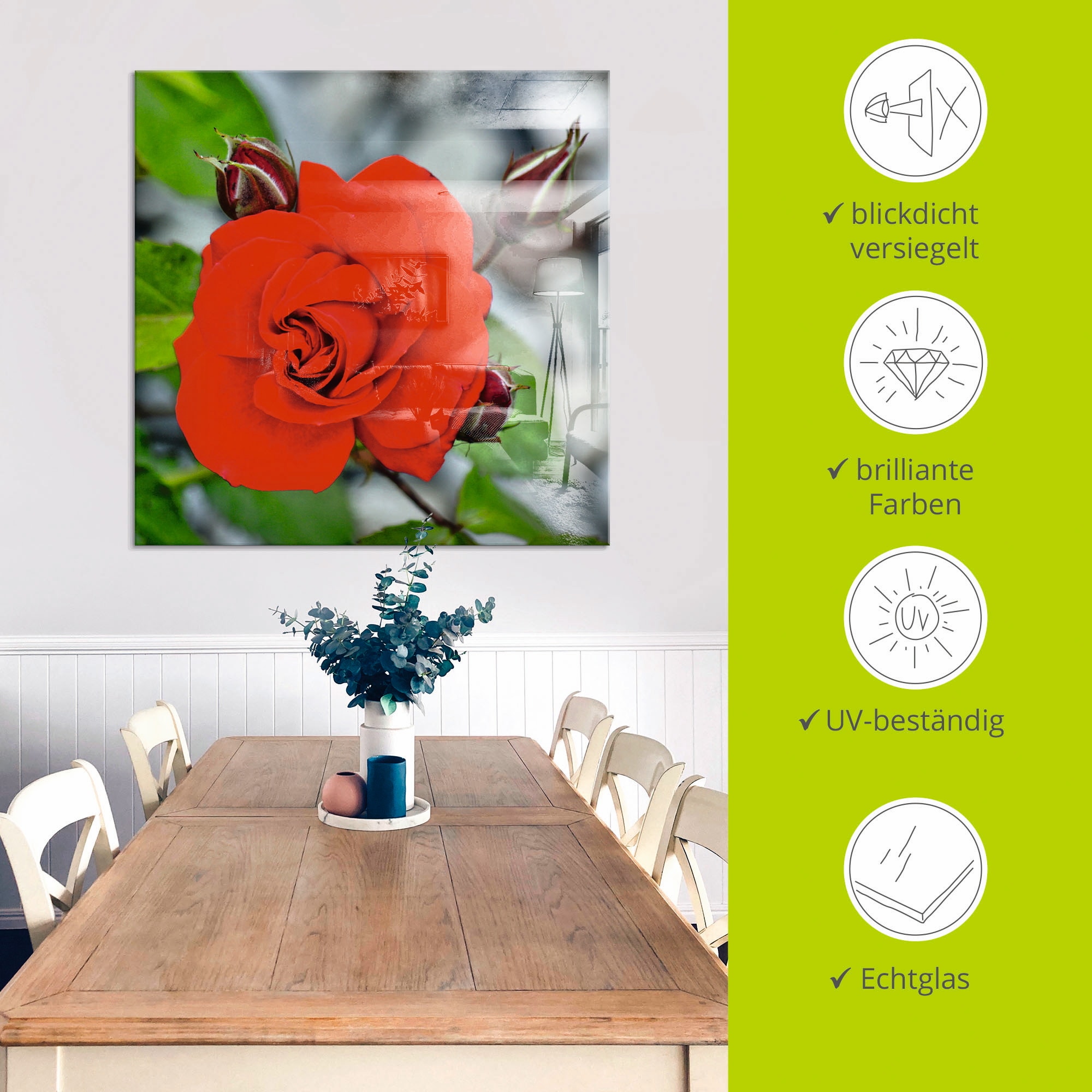 Artland Glasbild »Rote Rosenblüte mit Knospen«, Blumen, (1 St.), in verschiedenen Größen