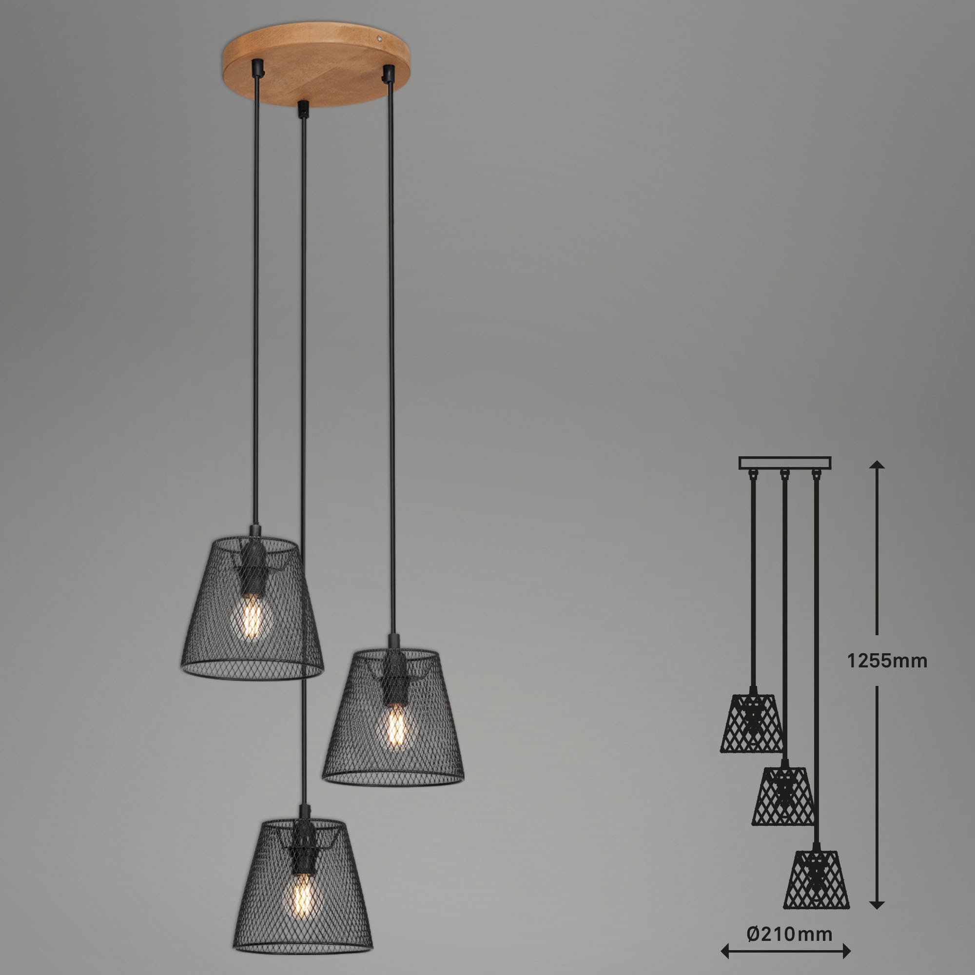 Briloner Leuchten Pendelleuchte »Pendelleuchte TAUNUS«, 3-flammig, retro/vintage, Metallschirm und Holz Basis, schwarz, 21 cm