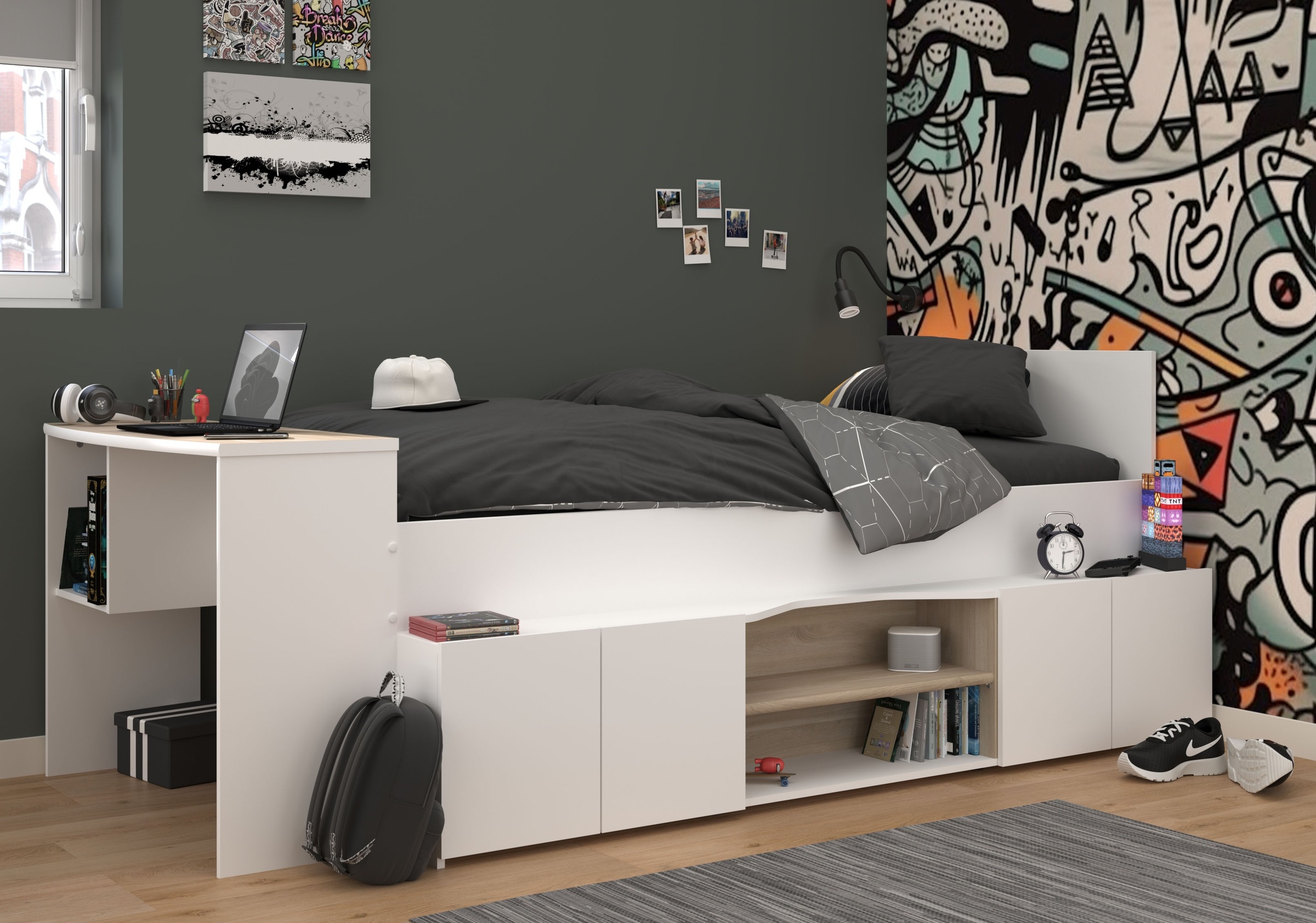 Parisot Hochbett »Cleo«, (1 St.), Schreibtisch beidseitig anbaubar, viel Stauraum, für Jungen & Mädchen