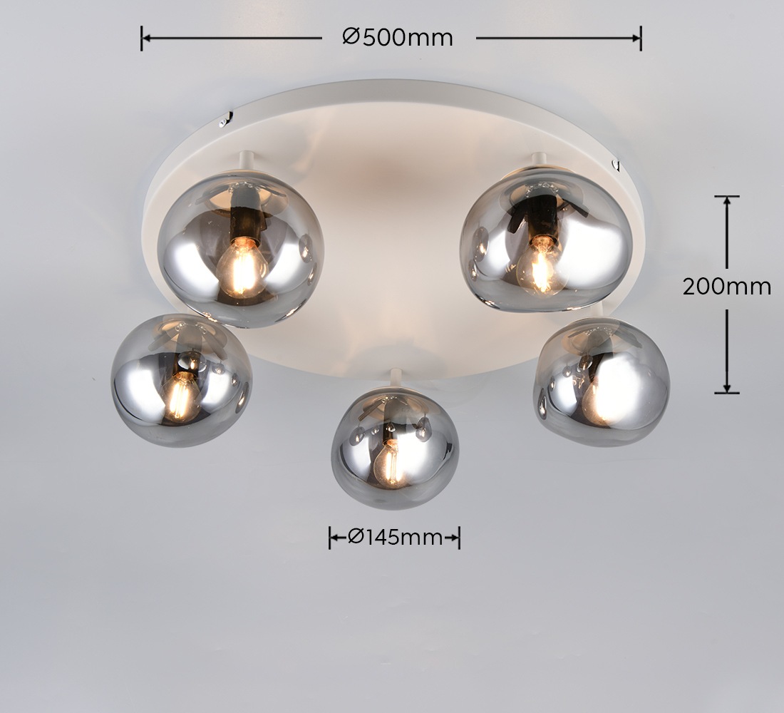 s.Oliver Deckenleuchte »ANJELLA, Deckenlampe exkl 5x E14 max 10W, in warm grey + smoke Glas,«, 5 flammig, Leuchtmittel E14 | Leuchtmittel wechselbar, mit mundgeblasenen Glas Lampenschirmen in rauchgrau, Ø gesamt 59cm