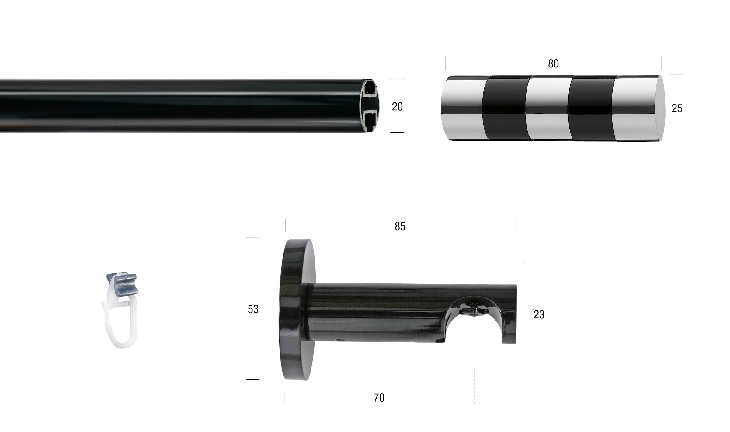 GARESA Gardinenstange »BLACK«, 1 läufig-läufig, Wunschmaßlänge, Vorhanggarnitur, Innenlauf, verlängerbar, Knopf abgeschrägt 2-farbig
