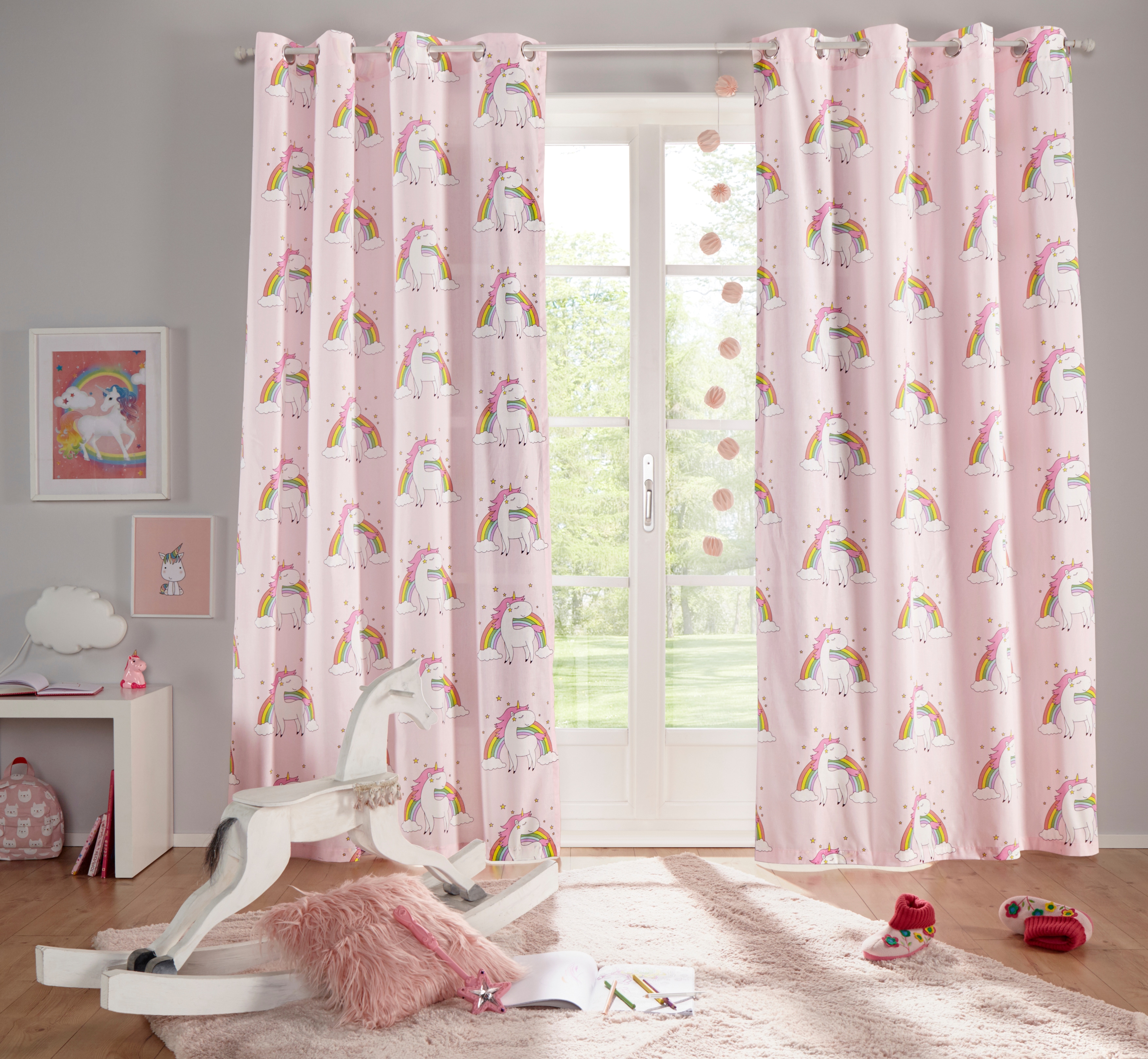 OTTO home Gardine "EINHORN" Ösen 1 Stk. tlg. Kindergardine, Einhorn, Regenbogen, einseitig bedruckt