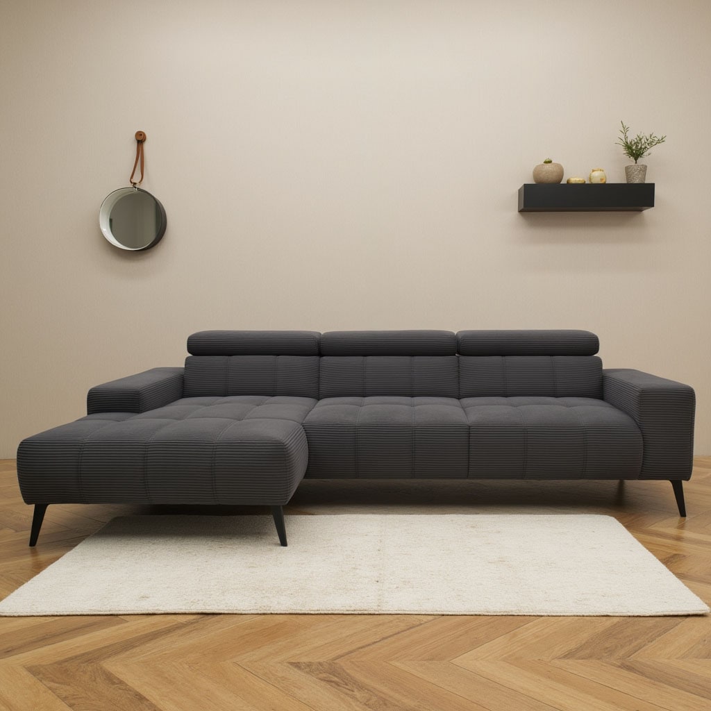 DOMO collection Ecksofa "Trento L-Form, mit Kufenfuß oder Einzelfuß" whlw. verstellbare Kopfteile, passend für gängige Saugroboter