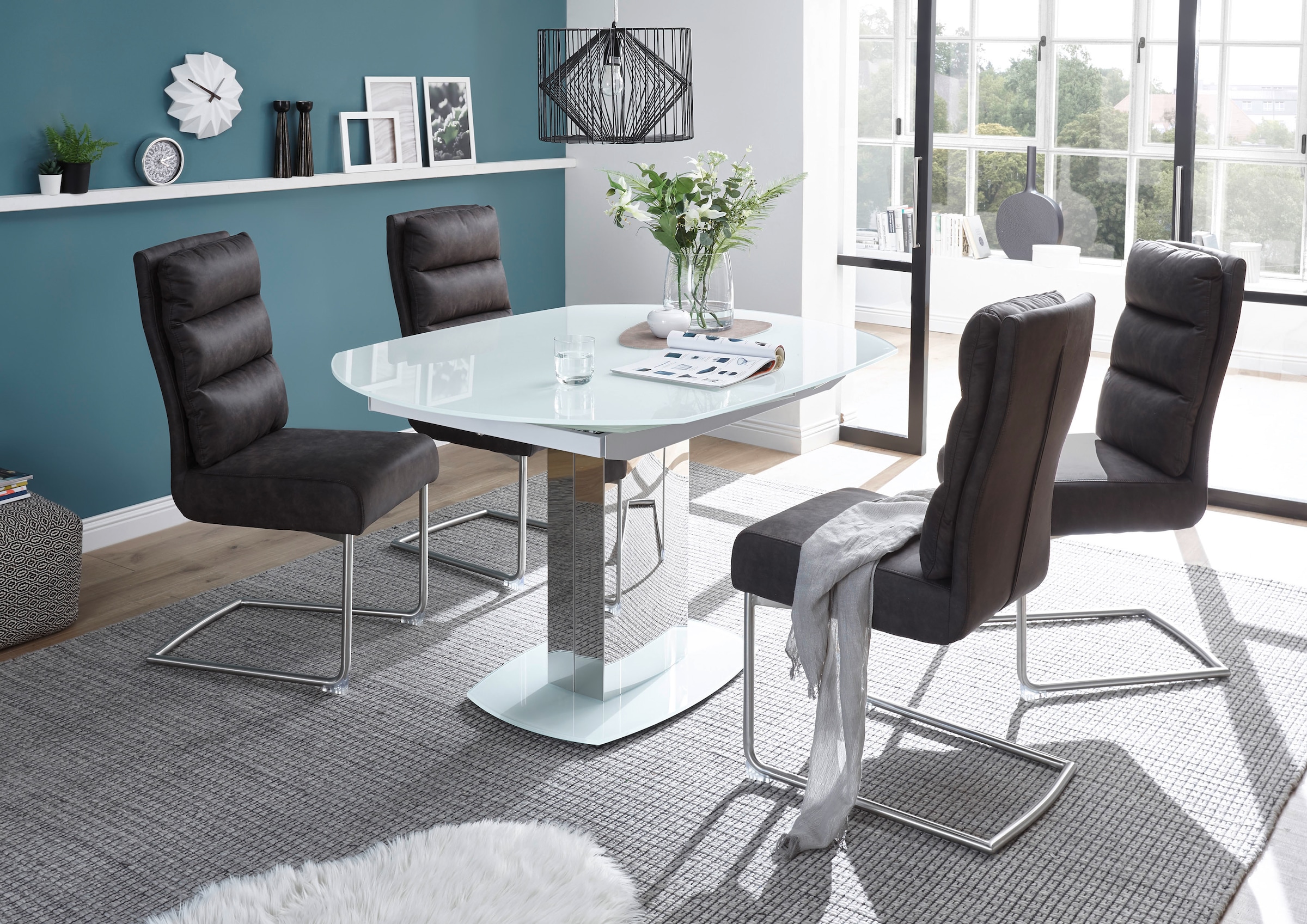 Stolkom Esstisch »Jackson Glastisch Weiß, Tisch ausziehbar, BxHxT 130-190x75x105 cm«, Automatische beidseitiger Drehauszug, Tischplatte in Super White