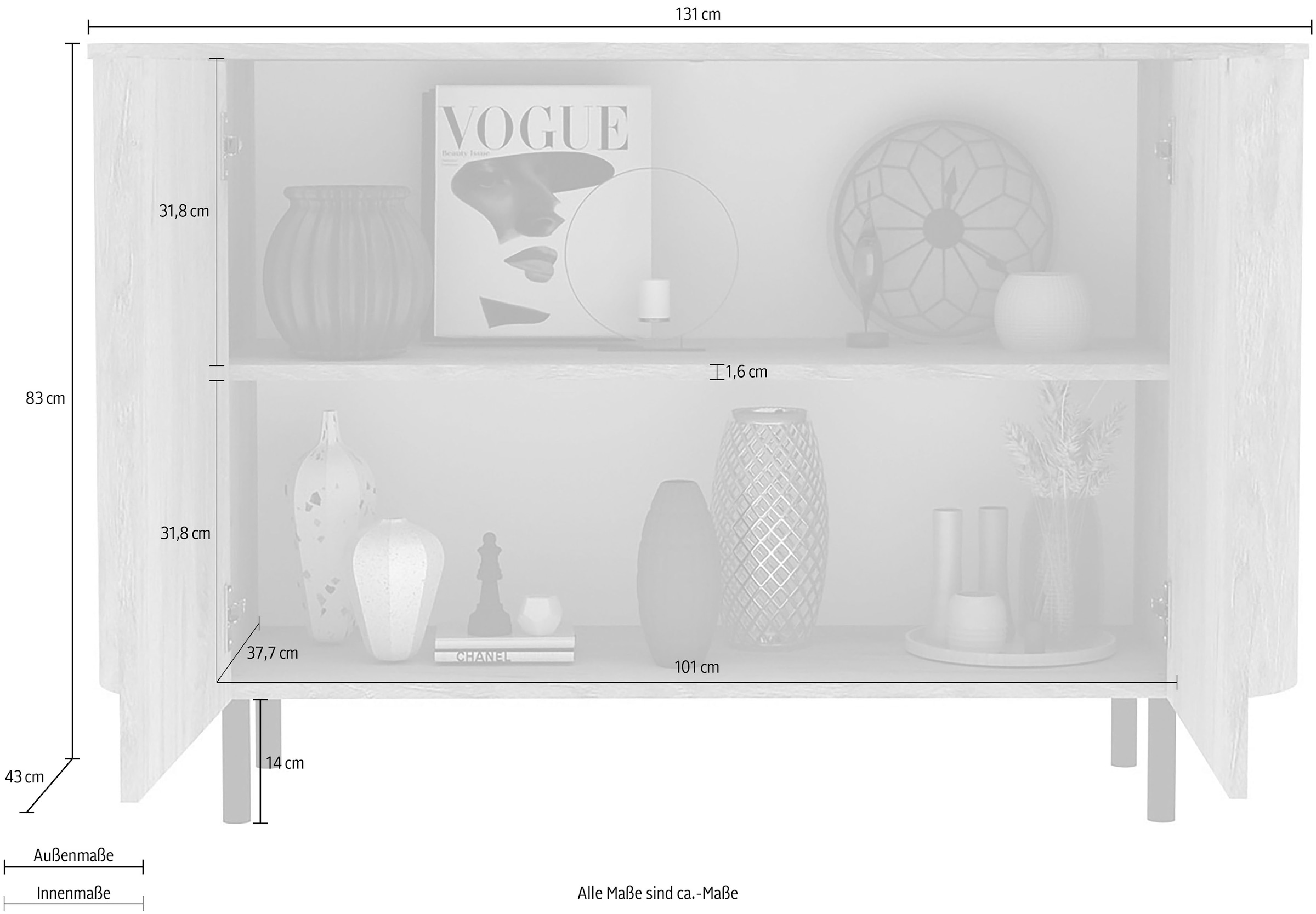 Home affaire Sideboard »Murano, 131 cm breit, 2 Türen, Anrichte, Kommode, Stauraumschrank« Formgebogenes MDF, Stirnseiten mit Rundung, Füße und Griffe aus Metall