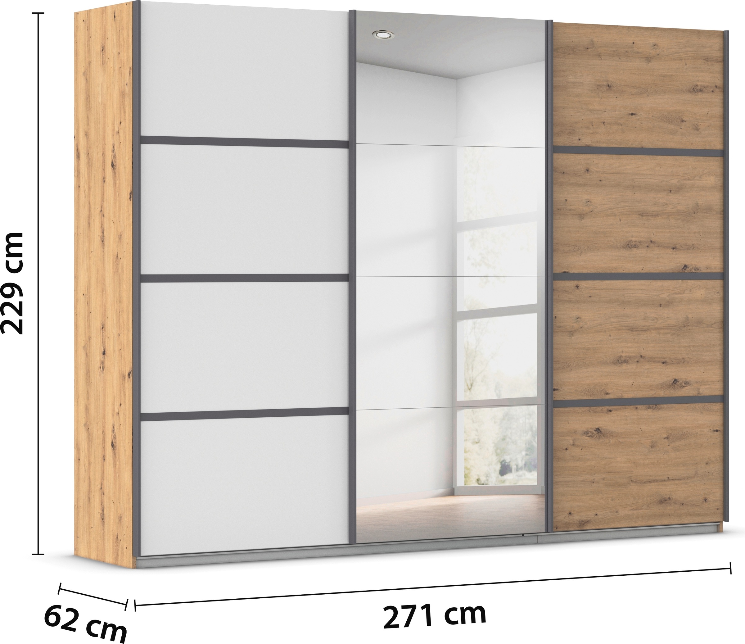 rauch Kleiderschrank »Schwebetürenschrank OTTO´s Choice Garderobe Schrank TOP ANGEBOT Avola«, (in 3 verschiedenen Ausstattungen BASIC/CLASSIC/PREMIUM inkl. Spiegel), mit eleganten Zierleisten in Chrom, Schwarz oder Weiß MADE IN GERMANY