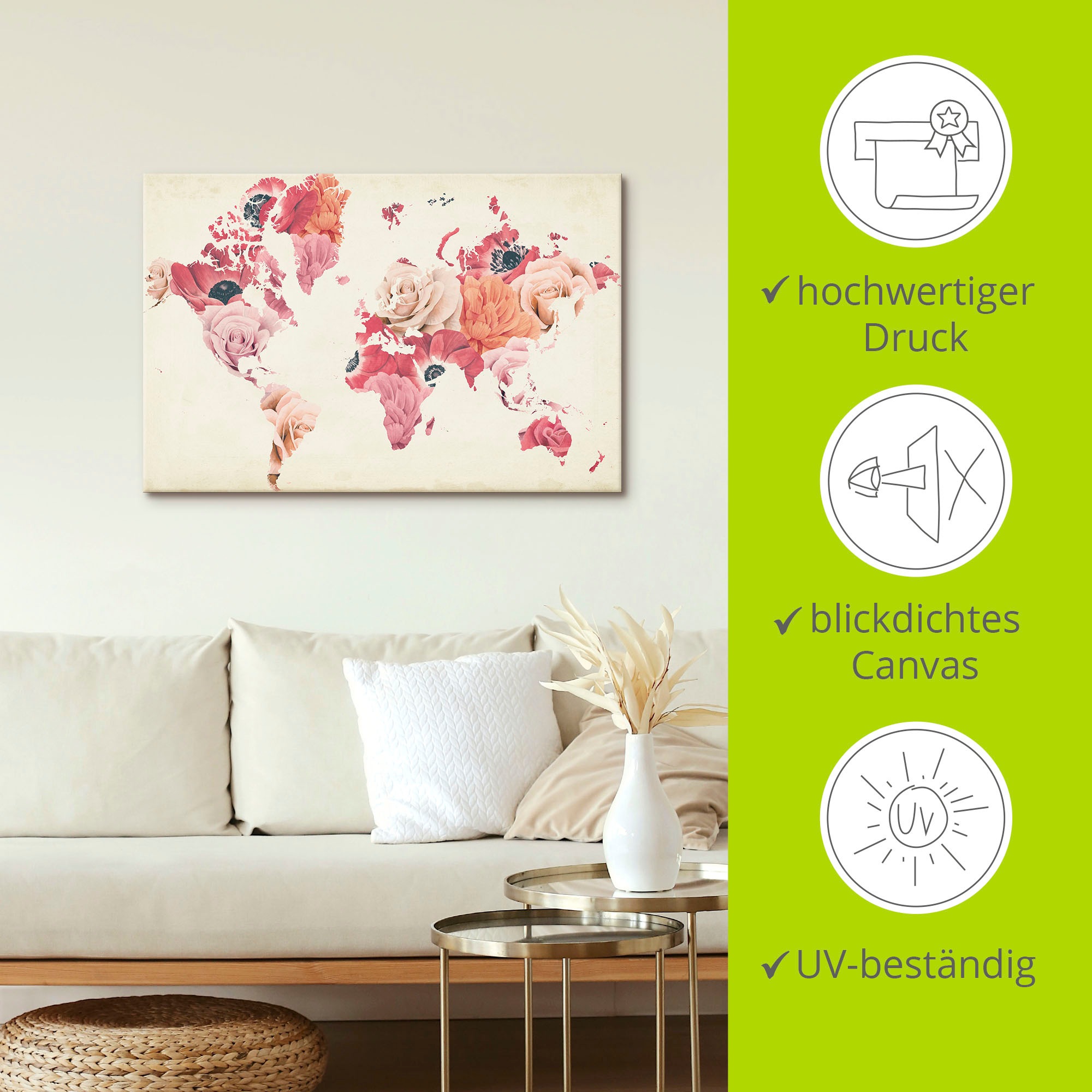 Artland Leinwandbild »Erde lacht in Blumen«, Land- & Weltkarten, (1 St.), auf Keilrahmen gespannt