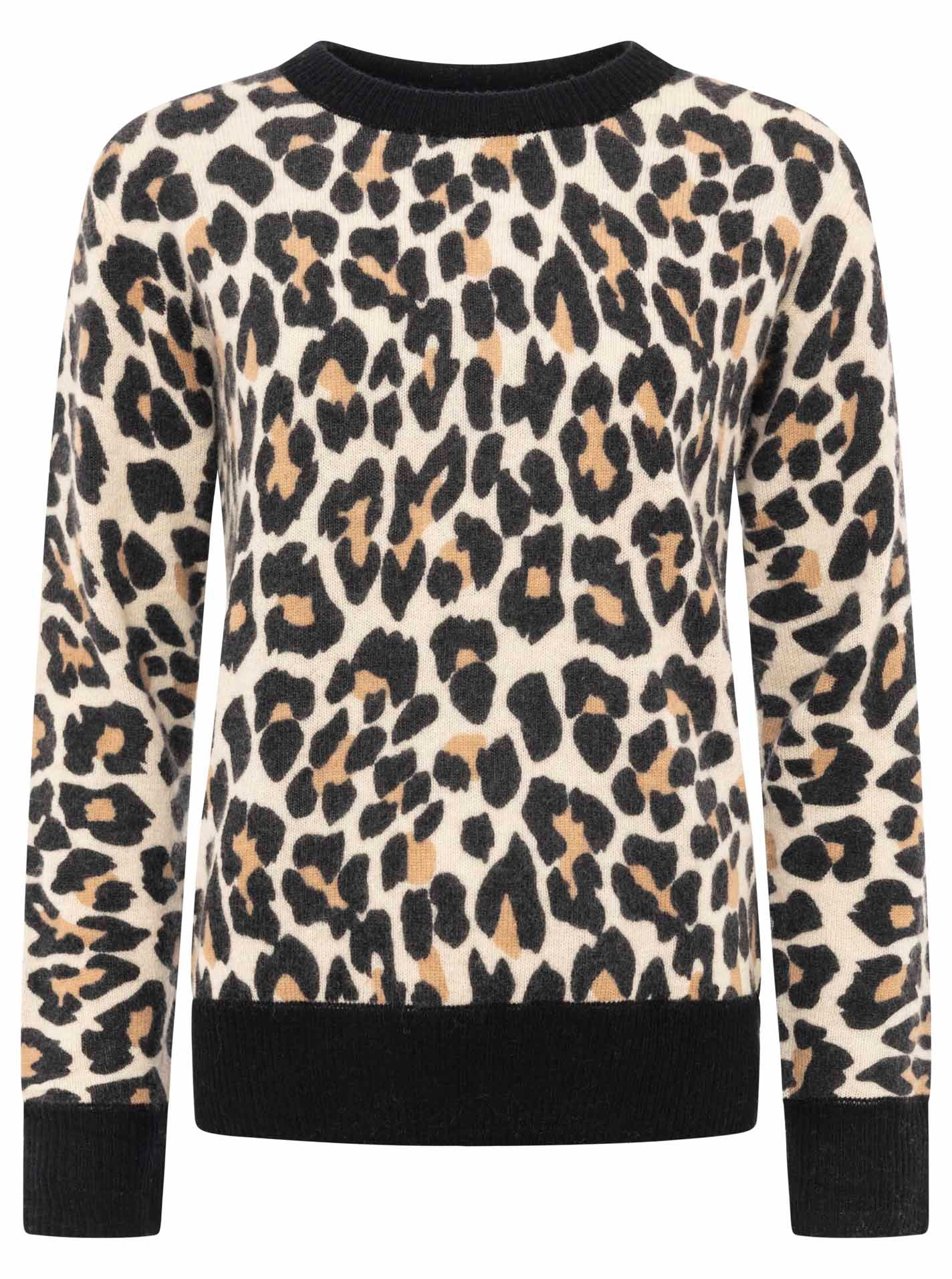 Thumbnail - Zwillingsherz Strickpullover "Leo + colored edges" Rundhals,aus reinem Kaschmir mit Leomuster und farbigem Bündchen