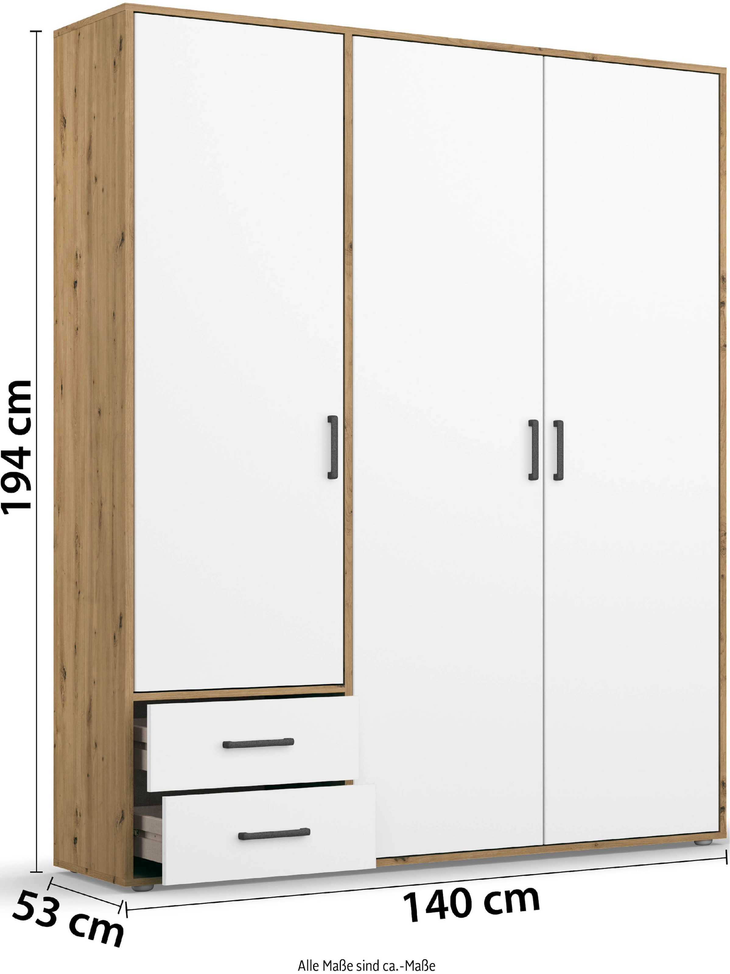 rauch Drehtürenschrank »Kleiderschrank Schrank Garderobe Wäscheschrank VOYAGER«, (in 3 verschiedenen Ausstattungen BASIC/CLASSIC/PREMIUM), moderne Griffe in Graumetallic mit Außenschubkästen MADE IN GERMANY