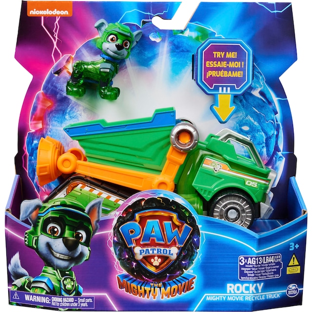 Spin Master Spielzeug-Auto »PAW Patrol, Der Mighty Kinofilm:  Superhelden-Basis-Fahrzeug von Rocky«, Mülltransporter mit Welpenfigur,  Licht- und Soundeffekt | BAUR