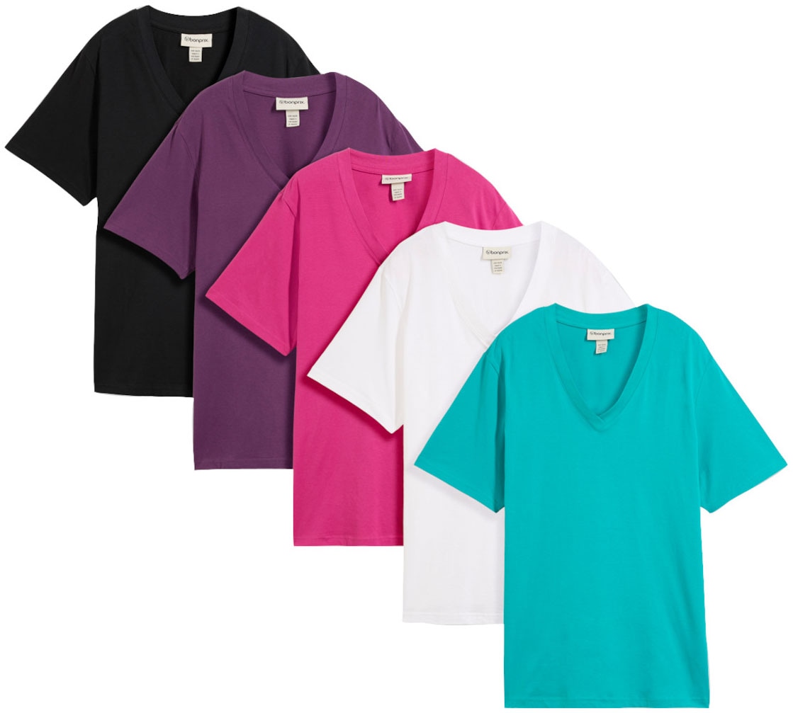 bonprix "Weites Long-Shirt mit V-Ausschnitt, Kurzarm (5er Pack)" Packung, 5 tlg. lockere Passform, Kurzarm, mit V-Ausschnitt, unifarben