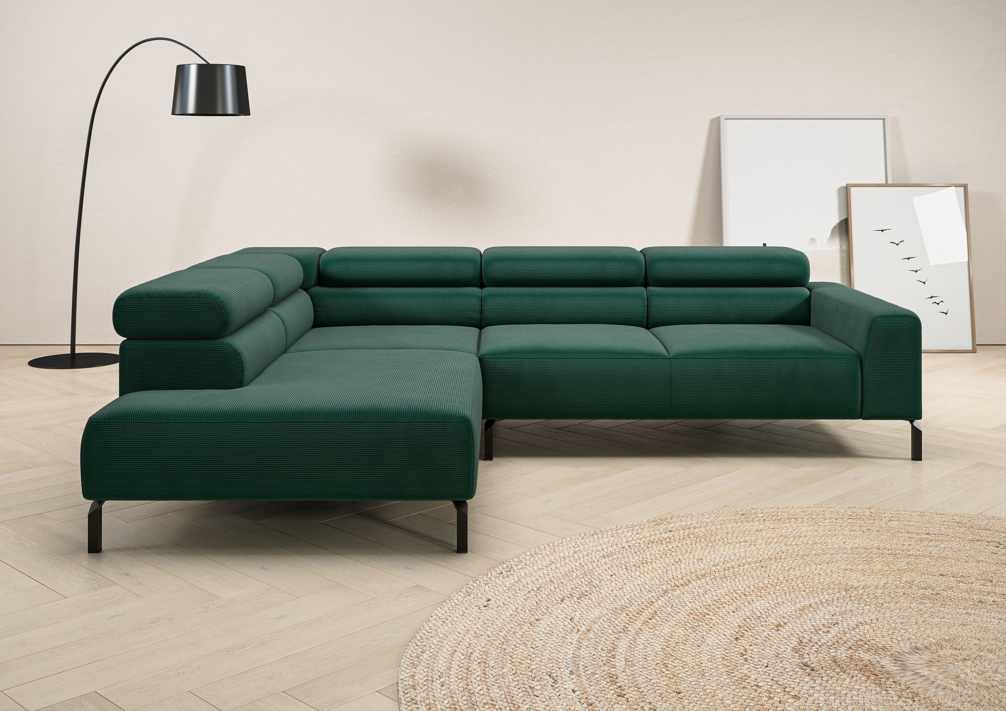 Home affaire Ecksofa "Antonelli, L-Form, inkl. Kopfteilverstellung, Breite 276 cm" ohne Sitztiefenverstellung, in Feincord, grün