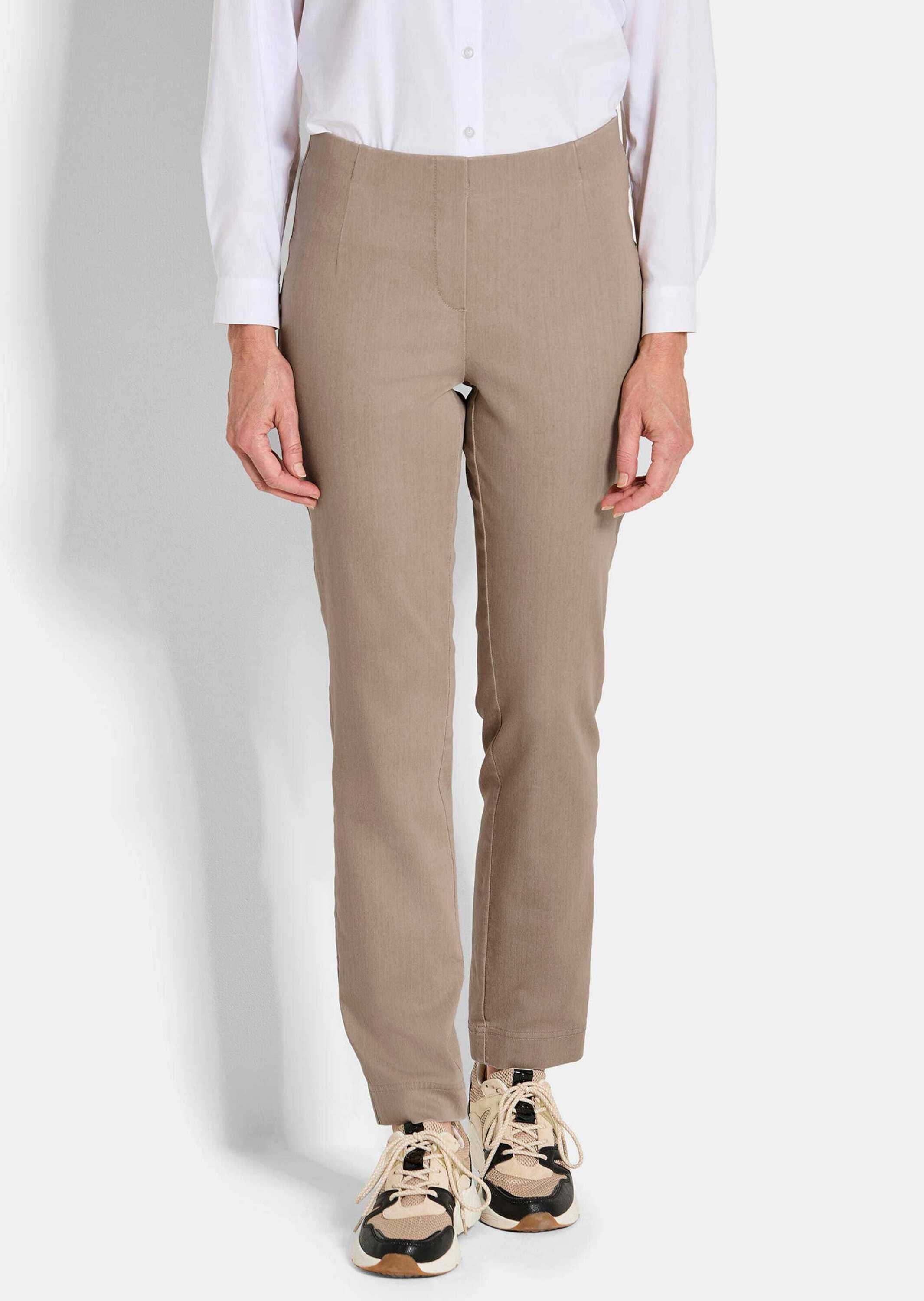 Chinohose GOLDNER "Kurzgröße Bengalinhose LOUISA in Denim-Optik", Damen, Gr. 21, K-Gr, beige, Obermaterial: 78% Baumwolle CO. 18% Polyester PES. 4% Elasthan EL., Hosen Chinohose 2