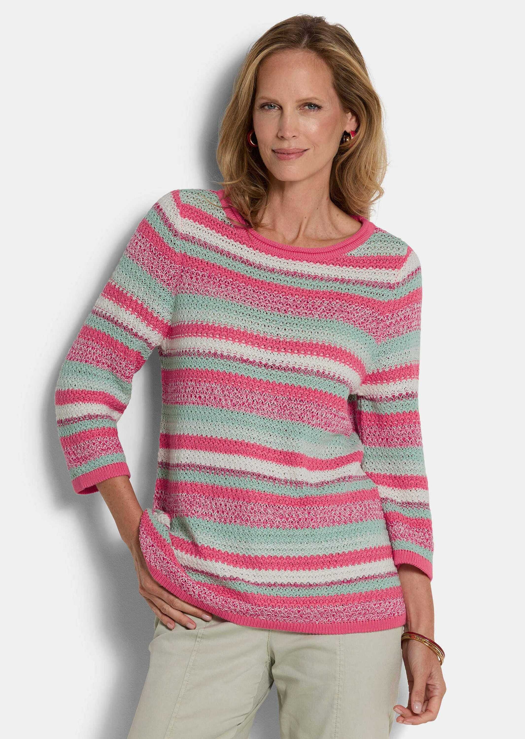 Thumbnail - GOLDNER Rundhalspullover "Kurzgröße Baumwollpullover mit Ringel-Muster" Strukturierter Ringelstrick