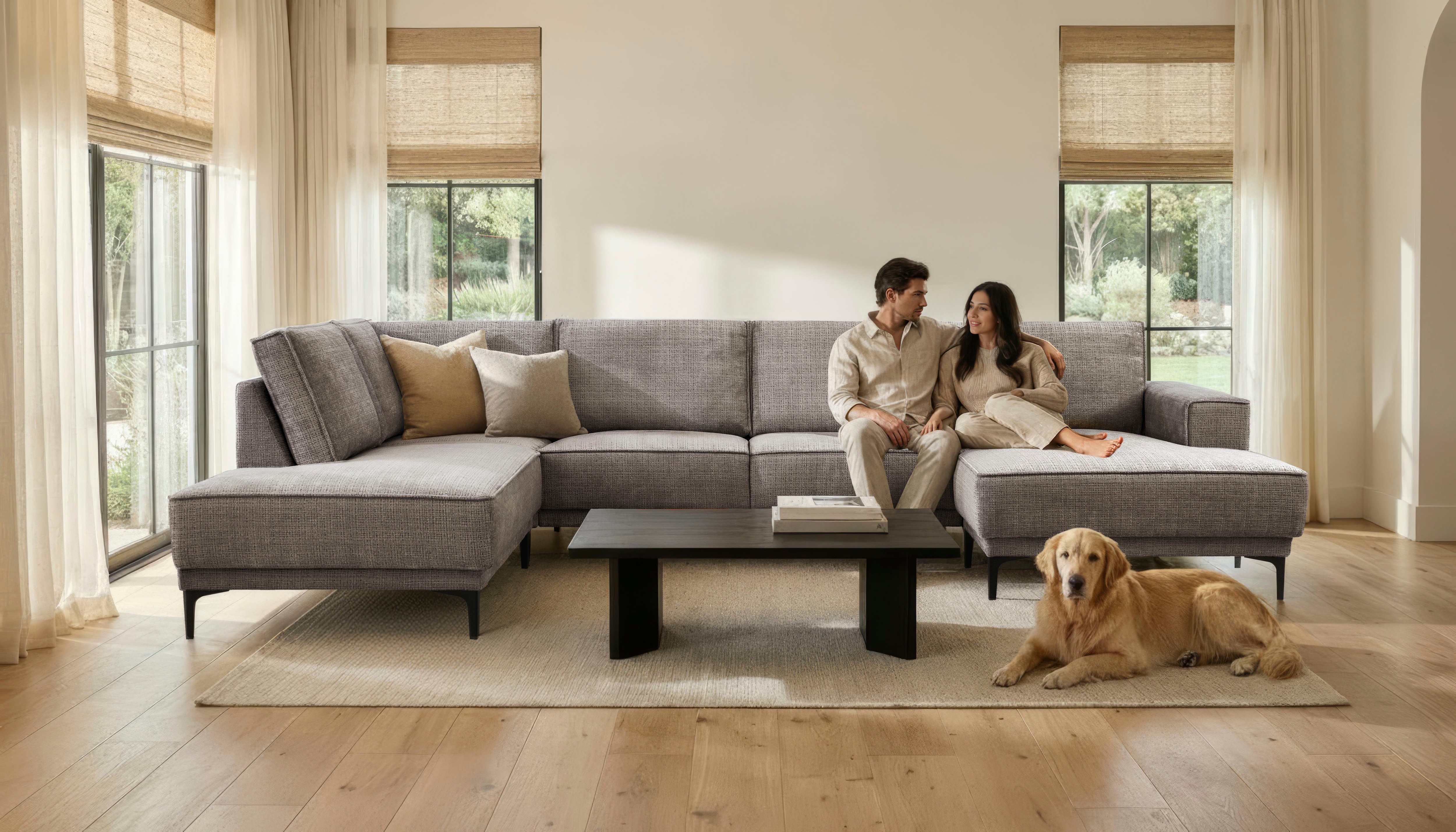 OTTO home Wohnlandschaft "OLAND Chenille U-Form, XXL, B: 345 cm, Skandi-Design" U-Form, 345 cm, Wellenunterfederung, Skandi-Design, Metallfüße