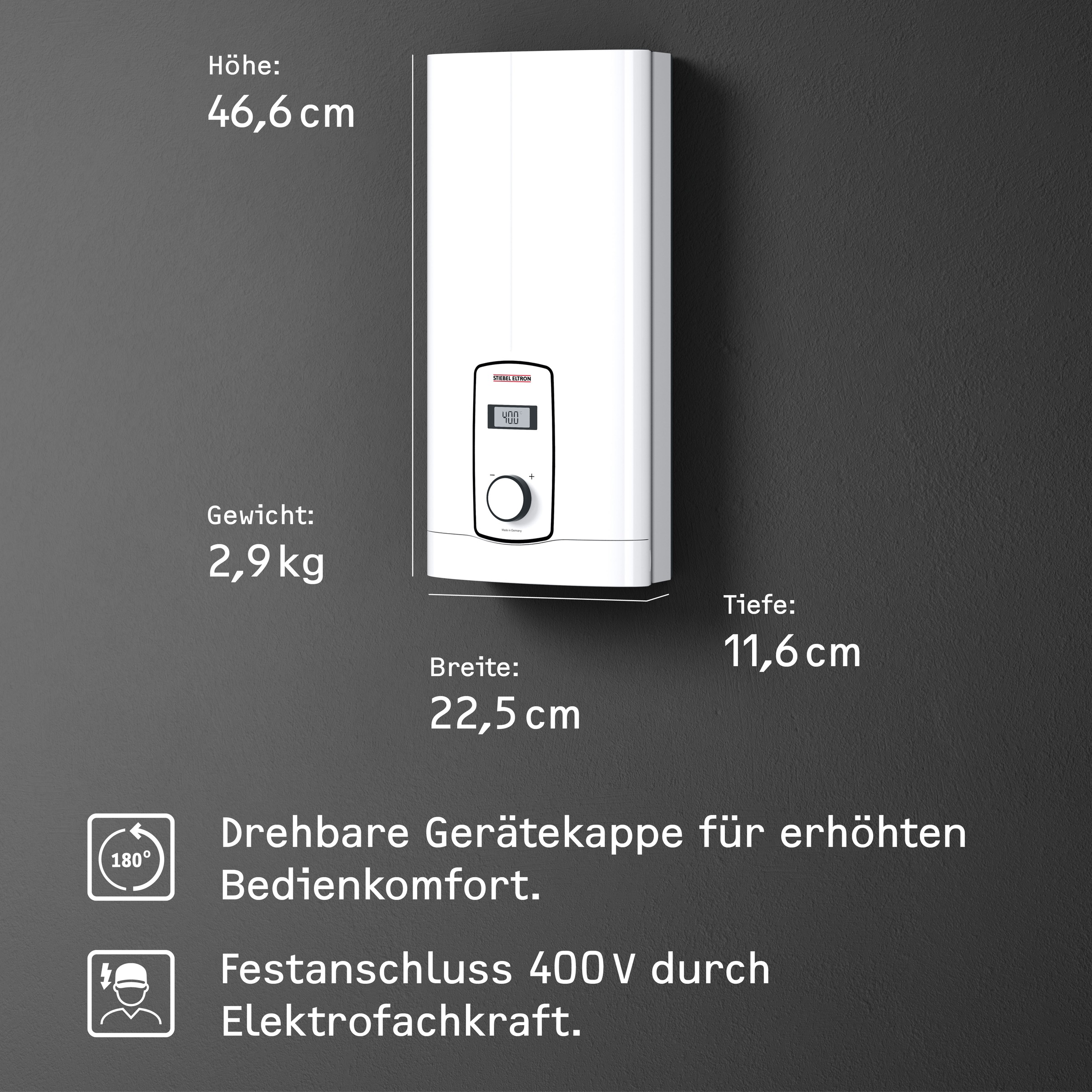 STIEBEL ELTRON Komfort-Durchlauferhitzer "DHB-E 27 kW LCD, gradgenaue Temperaturwahl" 3i Technologie für konstante Warmwassertemperatur, LC-Display