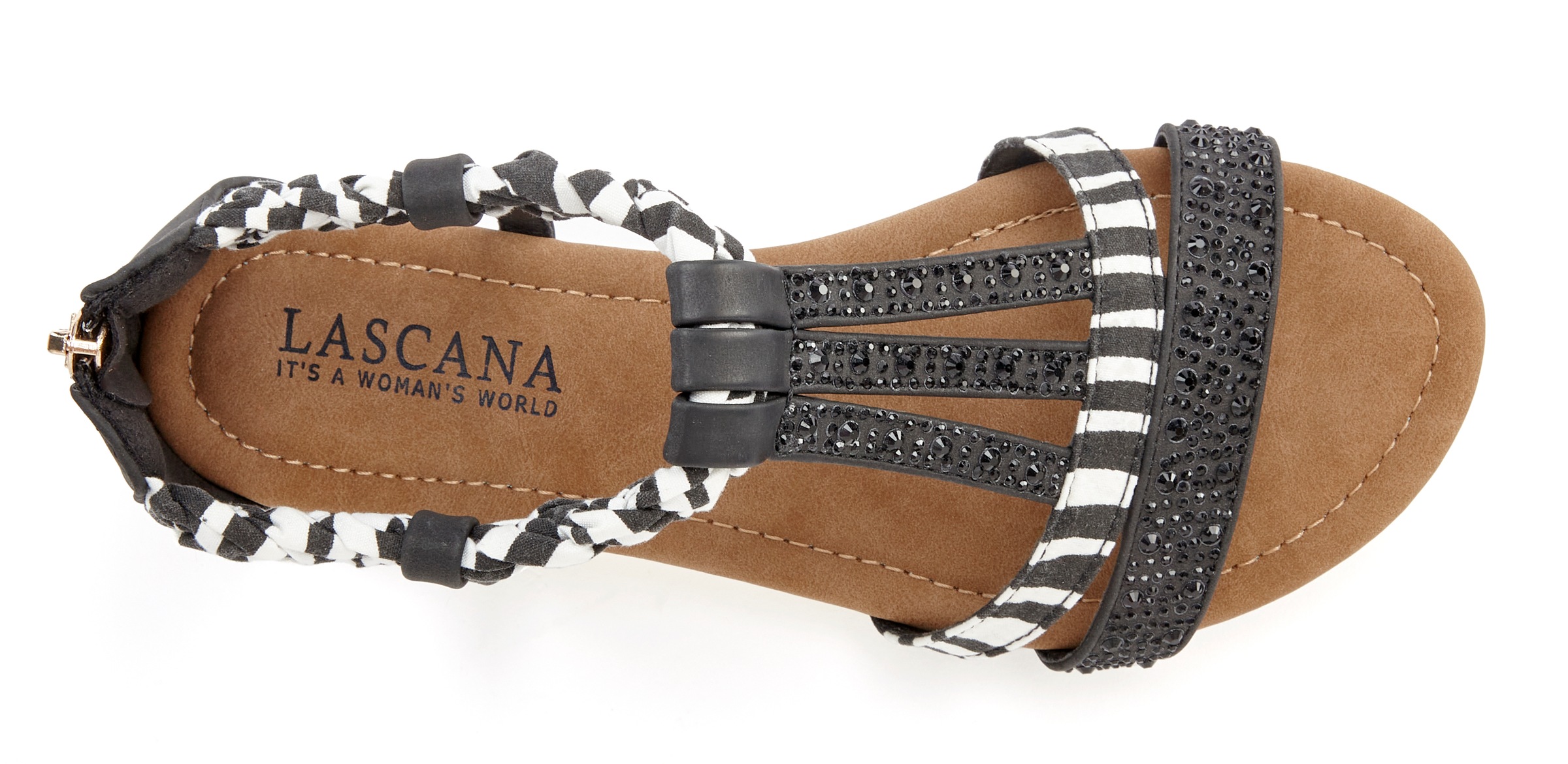 Sandale LASCANA "Sommerschuh, Sandalette, offener Schuh", Damen, Gr. 38, schwarz-weiß (schwarz, zebra), Obermaterial: 50% Lederimitat, 50% Textilmaterial. Decksohle: 100% Lederimitat. Futter: 100% Lederimitat. Laufsohle: 100% Synthetik, bedruckt, Basic, S 2