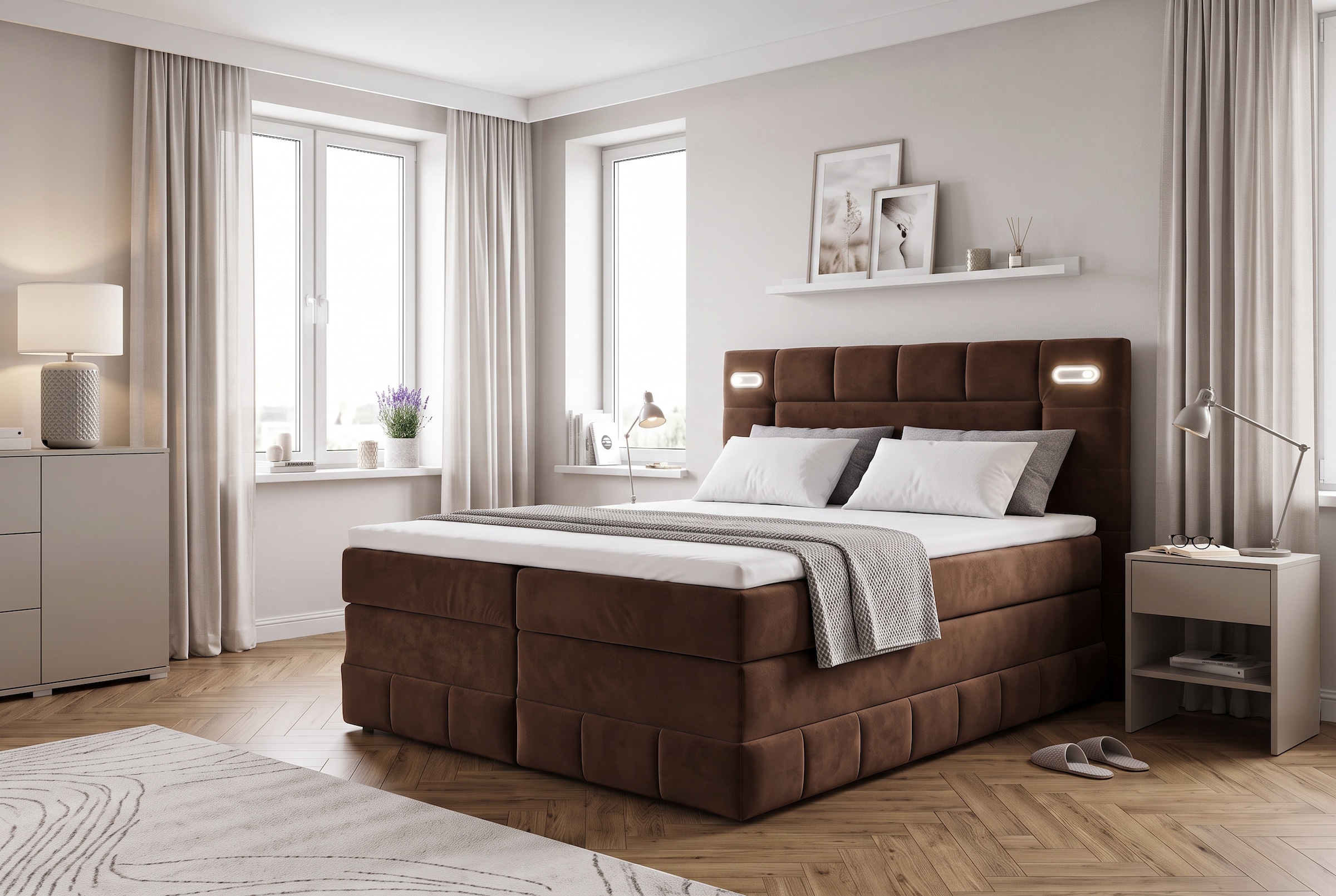 OTTO home Boxbett "PHILIPPA, Polsterbett mit Bettkasten, mit Taschenfederkernmatratze H3" mit Kaltschaum-Topper, Microfaser-Bezug, wahlweise mit LED-Beleuchtung