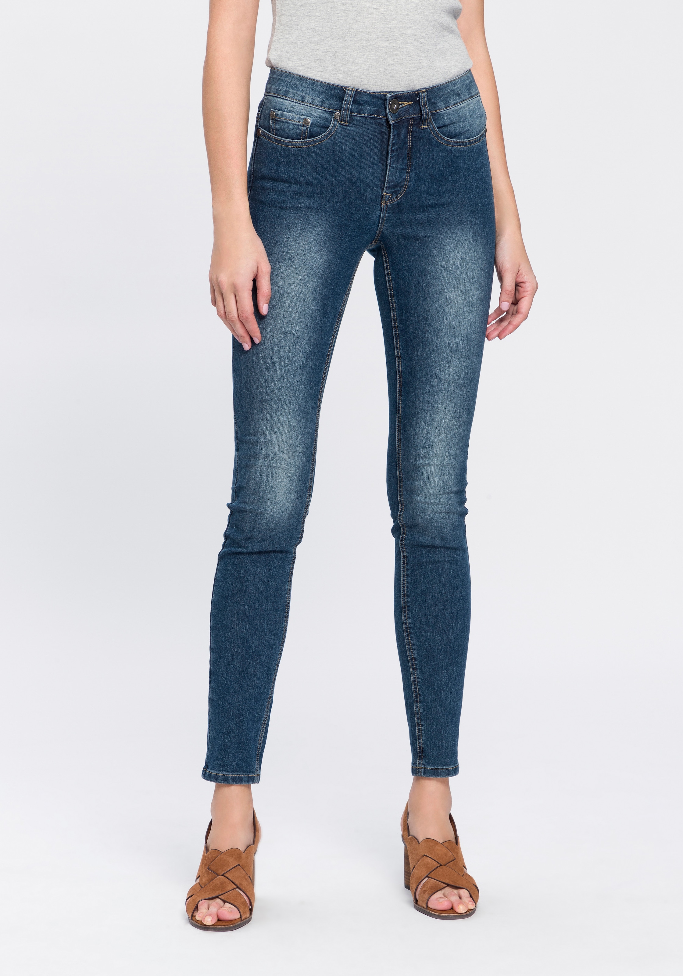 Arizona Slim-fit-Jeans "Shaping", enge Passform, Röhrenjeans, Used-Look-Waschung, hohe Leibhöhe