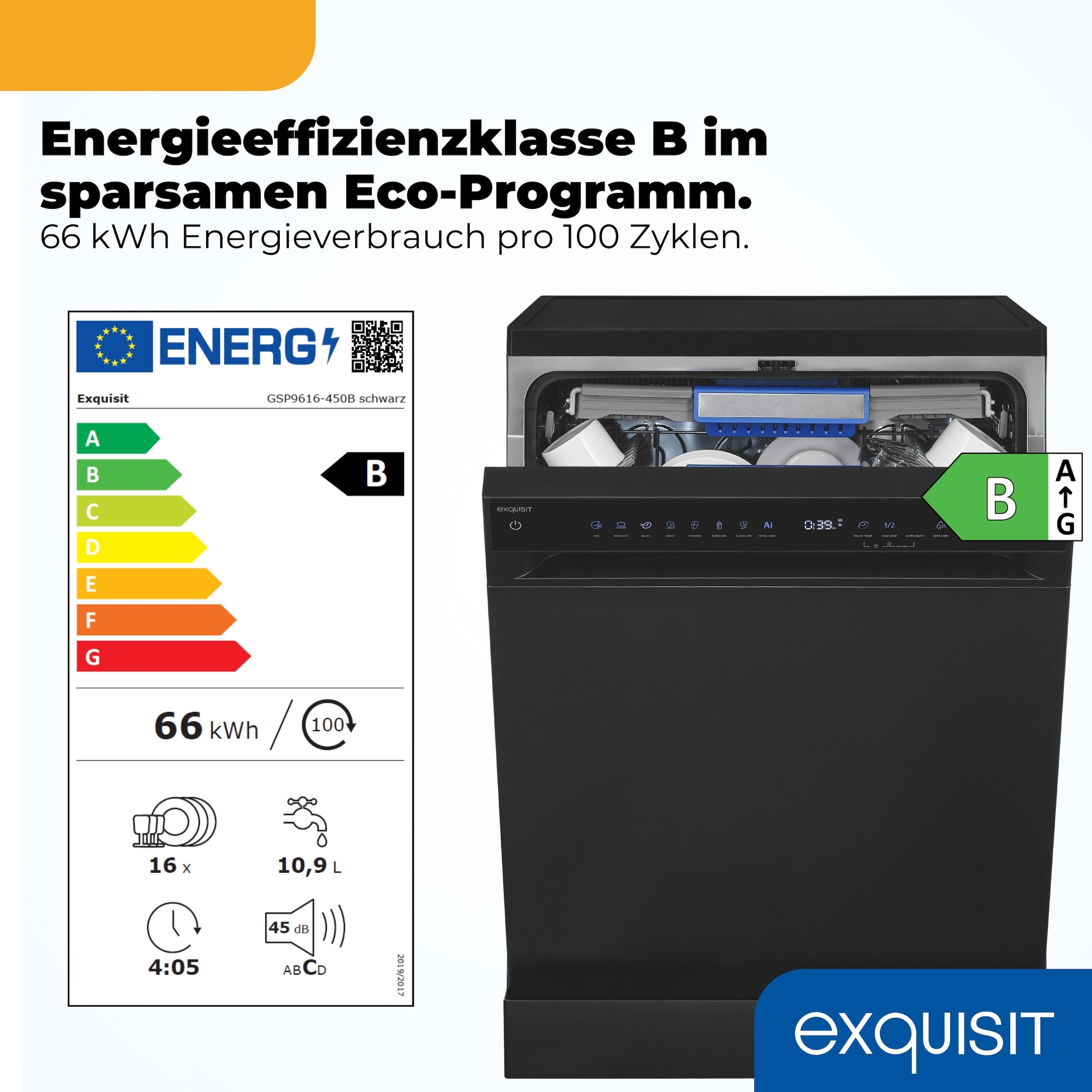 exquisit Standgeschirrspüler 9616 »GSP9616-450B schwarz« 10,9 l 16 tlg. Maßgedecke 16 Maßgedecke & flüsterleise 44 dB – stark und angenehm ruhig