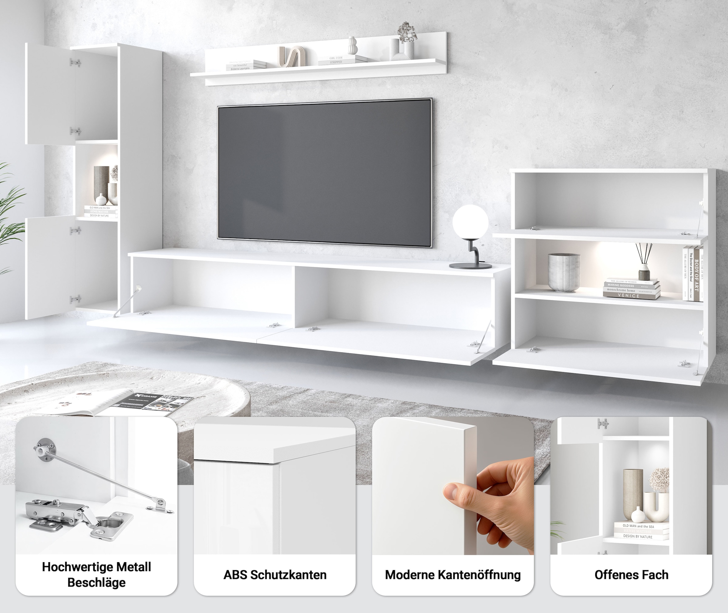 INOSIGN Wohnwand »PARIS, Vitrine Türanschlag links/rechts wechselbar« Komplett-Set, 4 Stk. tlg. grifflose Design, stehend und hängend montierbar