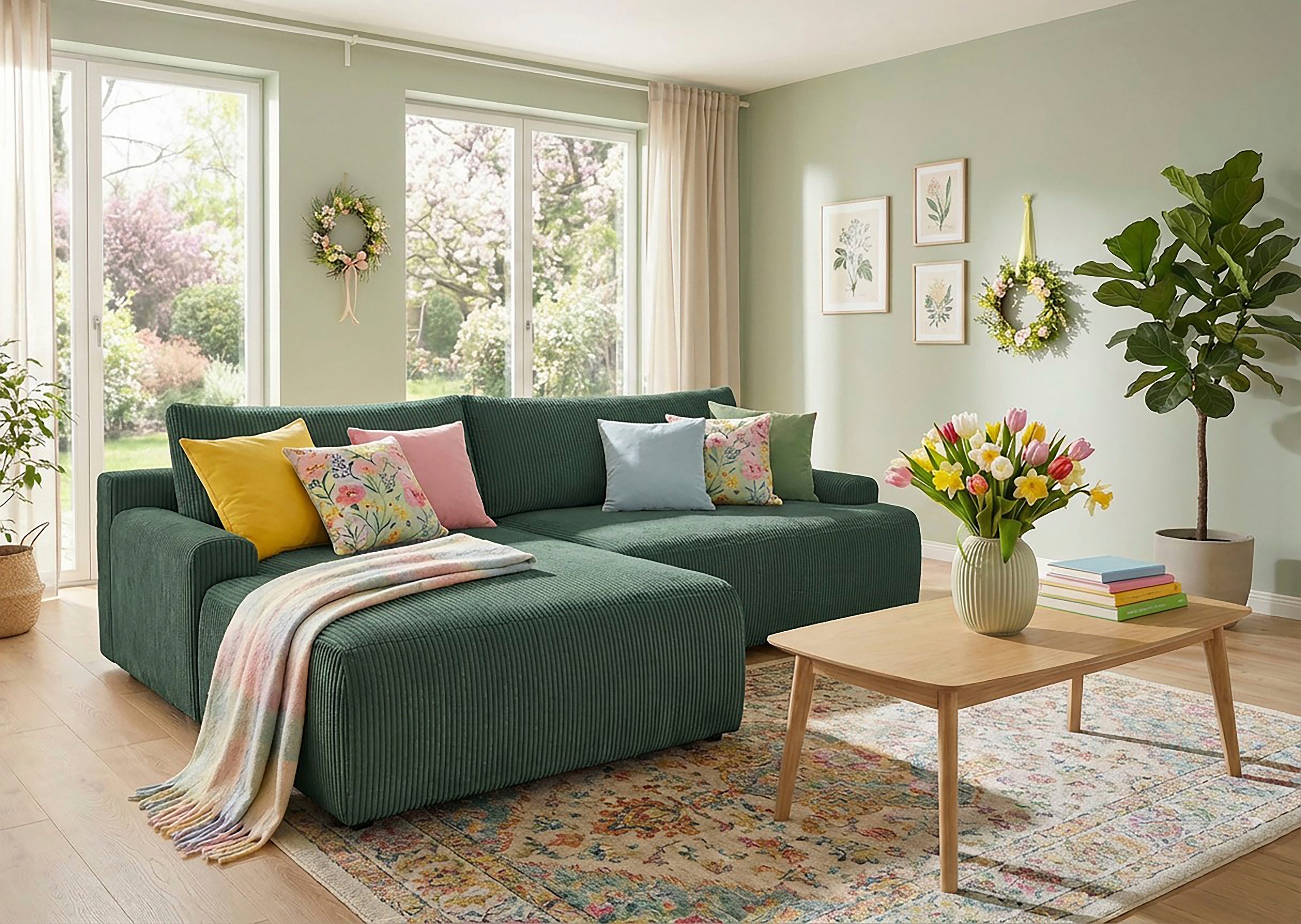 TRENDMANUFAKTUR Ecksofa "Prag, Schlafsofa mit Bettkasten, Couch in L-Form, Breite 253 cm" in Cordstoff HYPER, dunkelgrün, Recamiere links