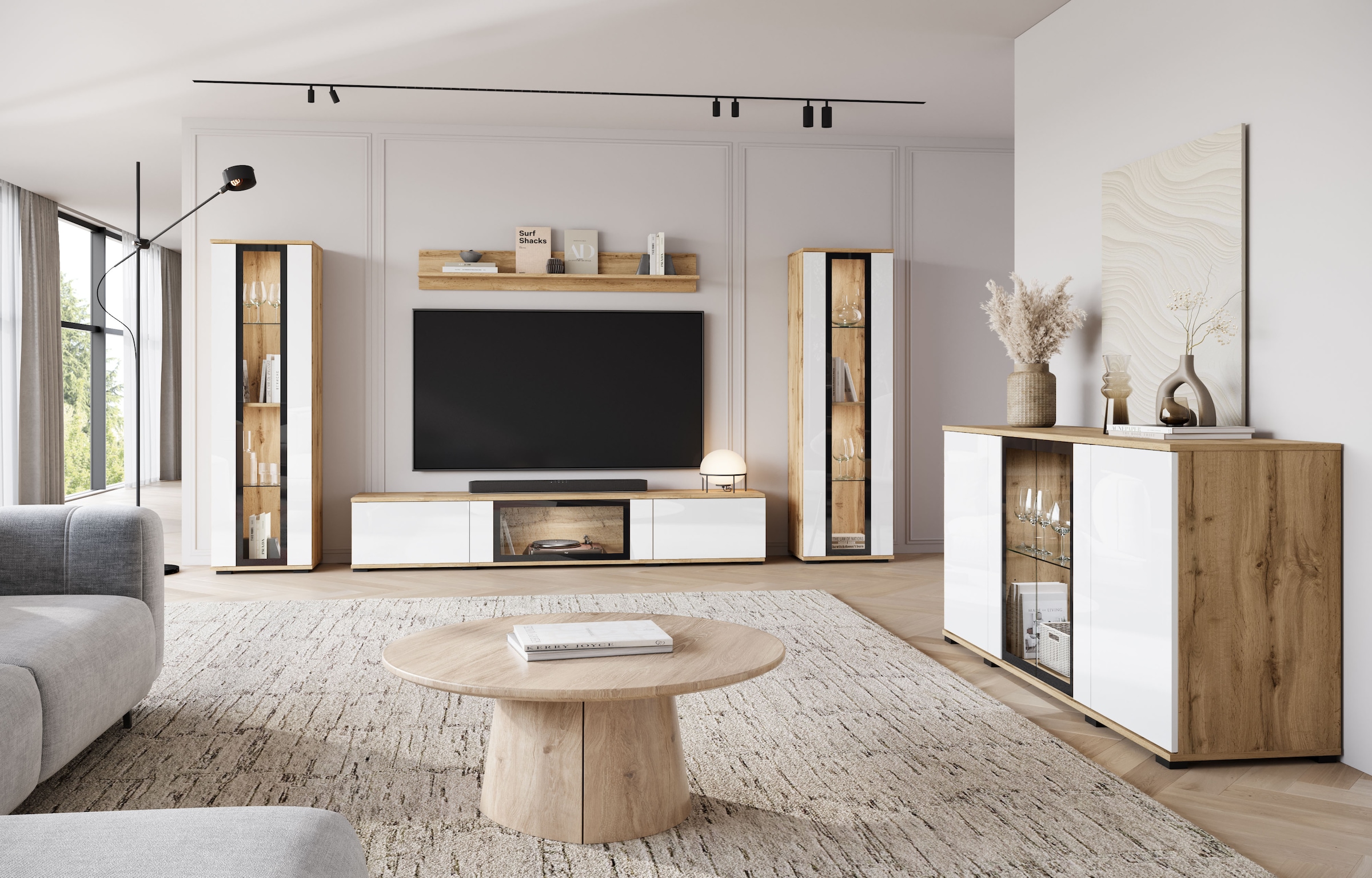 INOSIGN Sideboard »Caro, modernes Design mit Glaseinsätzen, Breite 150 cm«, (1 St.), Grifflose Fronten mit Push-to-Open, höhenverstellbare Einlegeböden