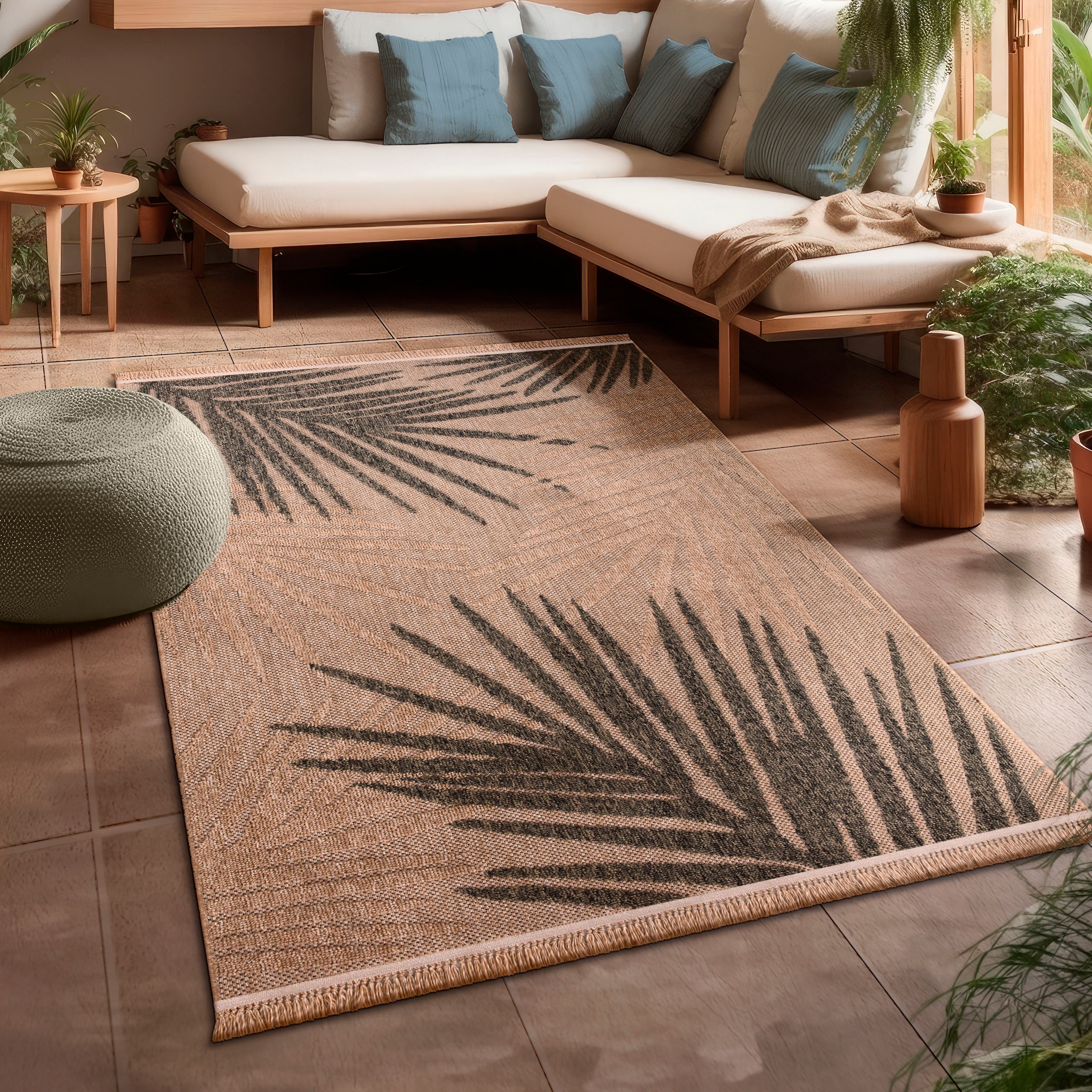 Paco Home "Cologne 491" rechteckig 11 mm Höhe Flachgewebe, Blätter, Hoch-Tief Effekt, mit Fransen, Outdoor geeignet