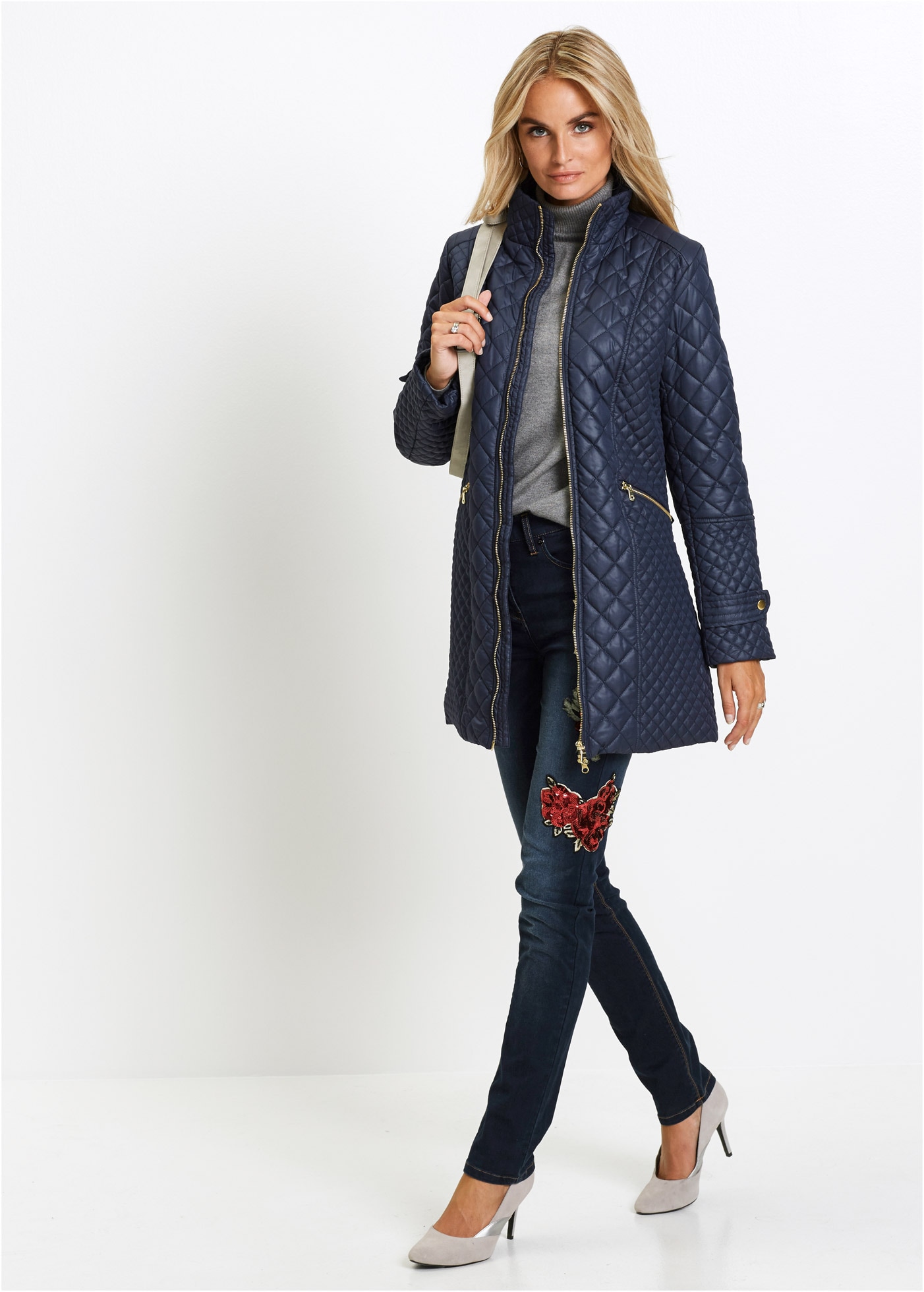 bonprix Steppmantel aus Polyester, figurumspielende Passform, mit Stehkragen, unifarben