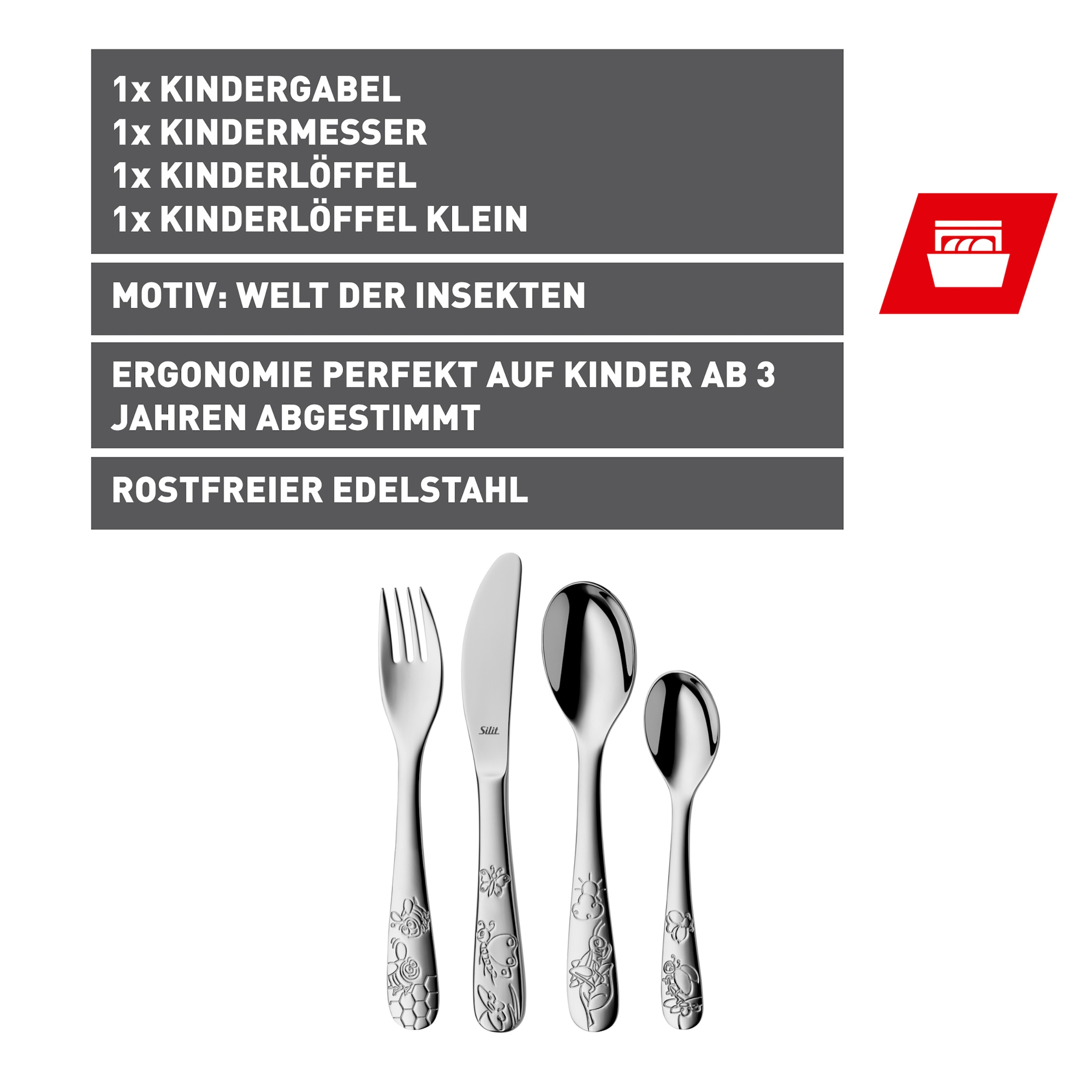 Silit Kinderbesteck »Trend«, (Set, 4 tlg.), 4-teilig, poliert, Crominox: Edelstahl 18/10, ab 3 Jahren