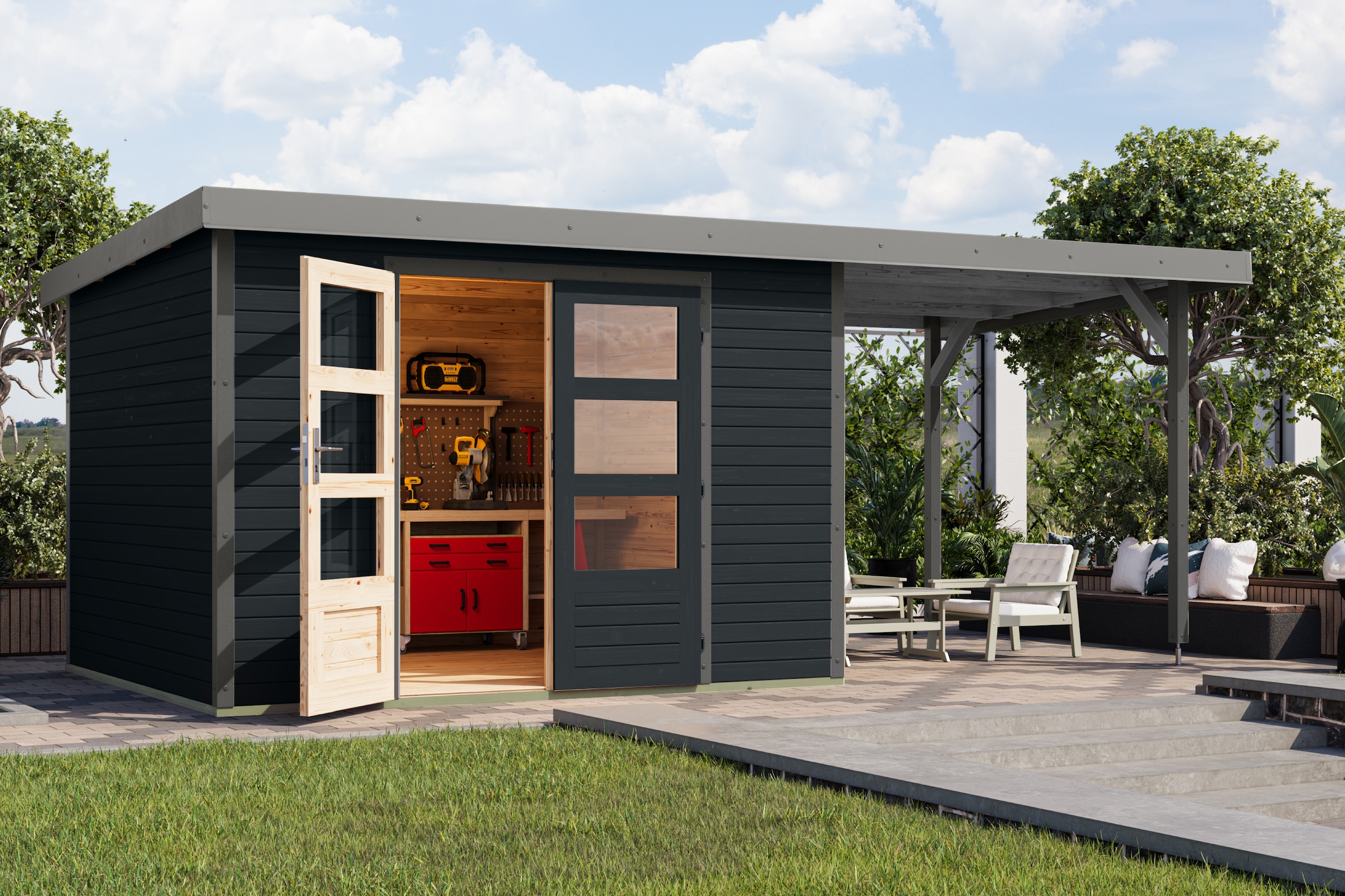 Karibu Gartenhaus "Jupiterino 5 SET, in verschiedenen Farben" inkl. Anbaudach